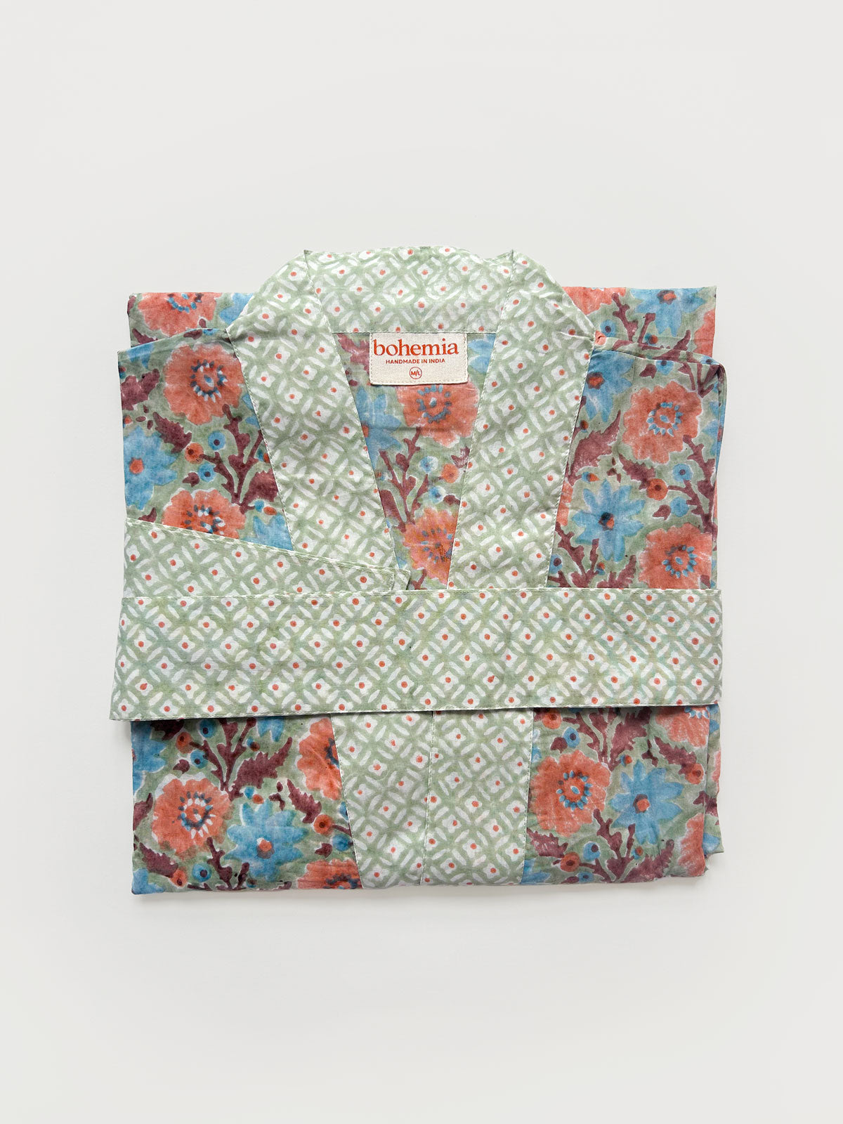 Handmade Block Print Cotton Robe in Duck Egg Blue - Soft & Breathable Loungewear for Women - Perfect for Spa Days, Yoga, and Relaxation at Home