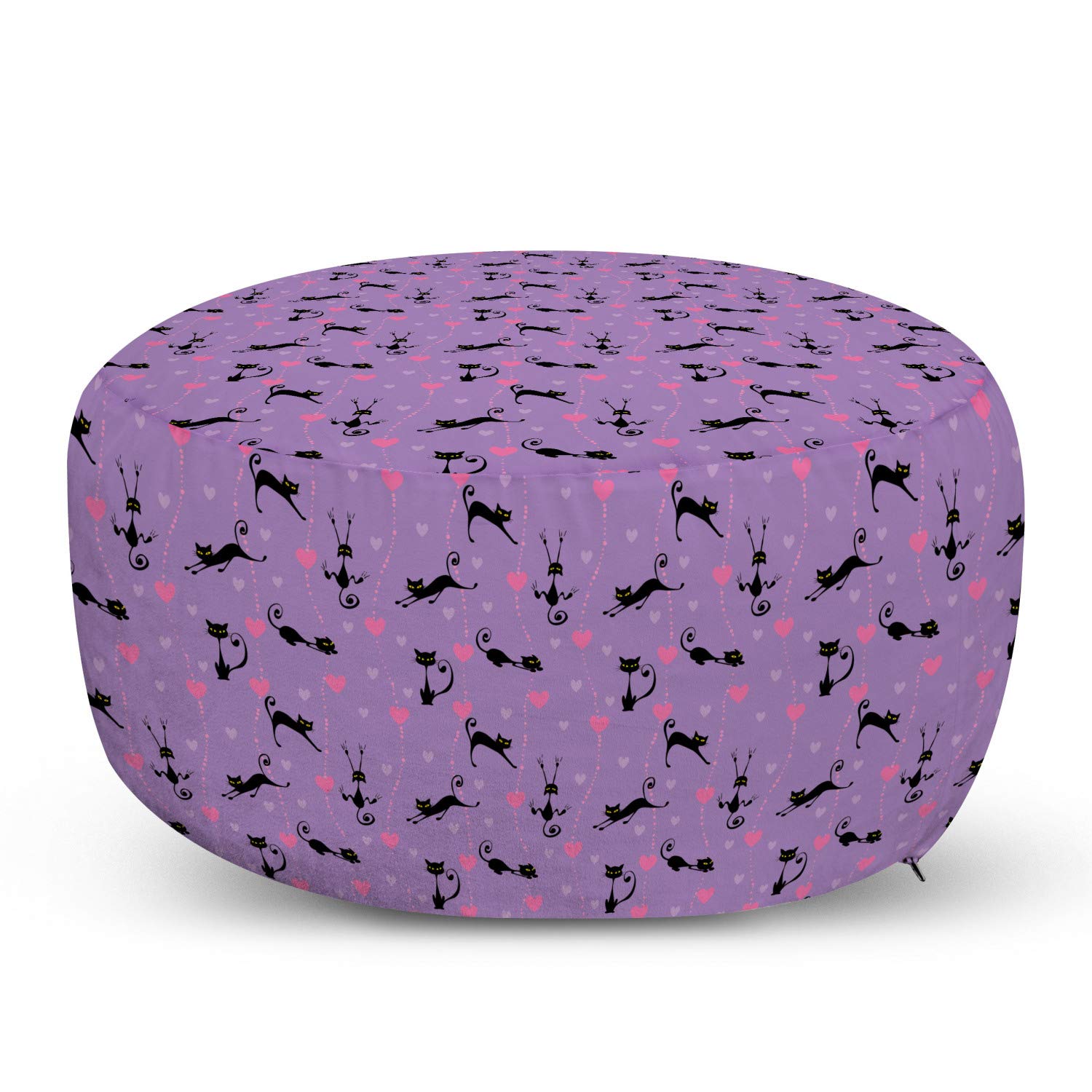Ambesonne Cat Ottoman Pouf - Funky Romantic Heart Pattern with Playful Black Cats - Soft Foot Rest with Removable Cover for Living Room & Bedroom - Lavender Pink & Black - Perfect for Cozy Home Decor & Pet Lover Gifts