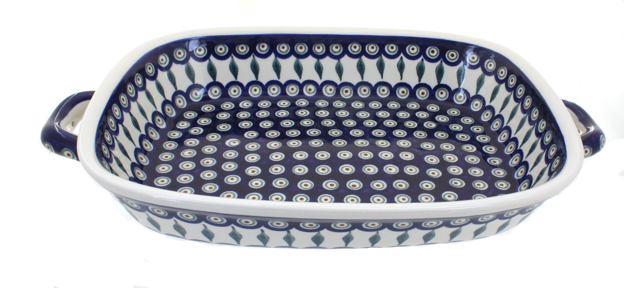 Handmade Blue Rose Polish Pottery Peacock Large Baker with Handles - Elegant Serving Dish for Dinner Parties, Holiday Meals & Rustic Kitchen Decor