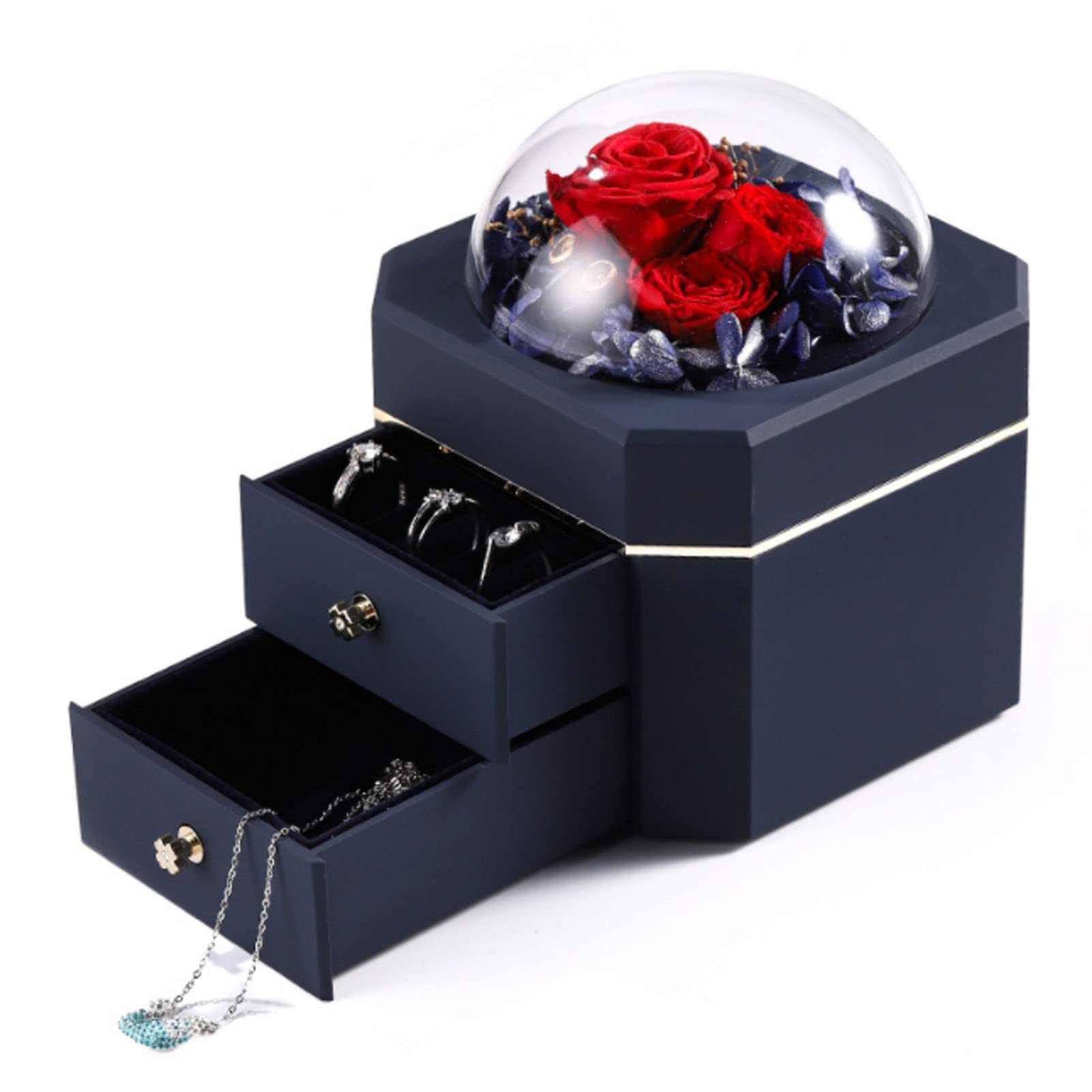 Handmade Preserved Real Rose Jewelry Gift Box with Pull-Out Design - Anti-Slip Rubber Feet & Velvet Lining - Perfect Christmas, Anniversary, Birthday Gift for Women, Mom & Loved Ones (Blue) | Jewelry Storage & Romantic Keepsake Box