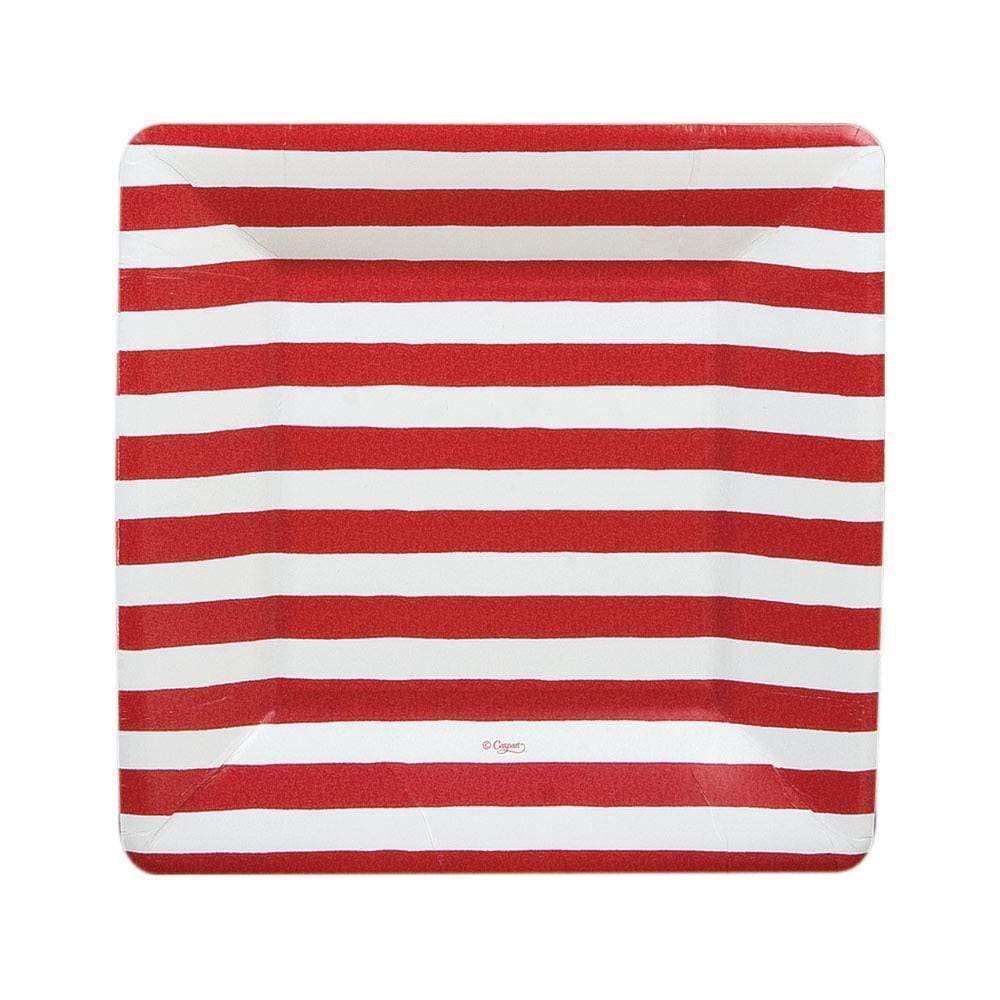 Caspari 8-Pack Red and White Striped Square Paper Plates for Salad, Dessert, Party, Picnic & BBQ - Eco-Friendly Disposable Tableware