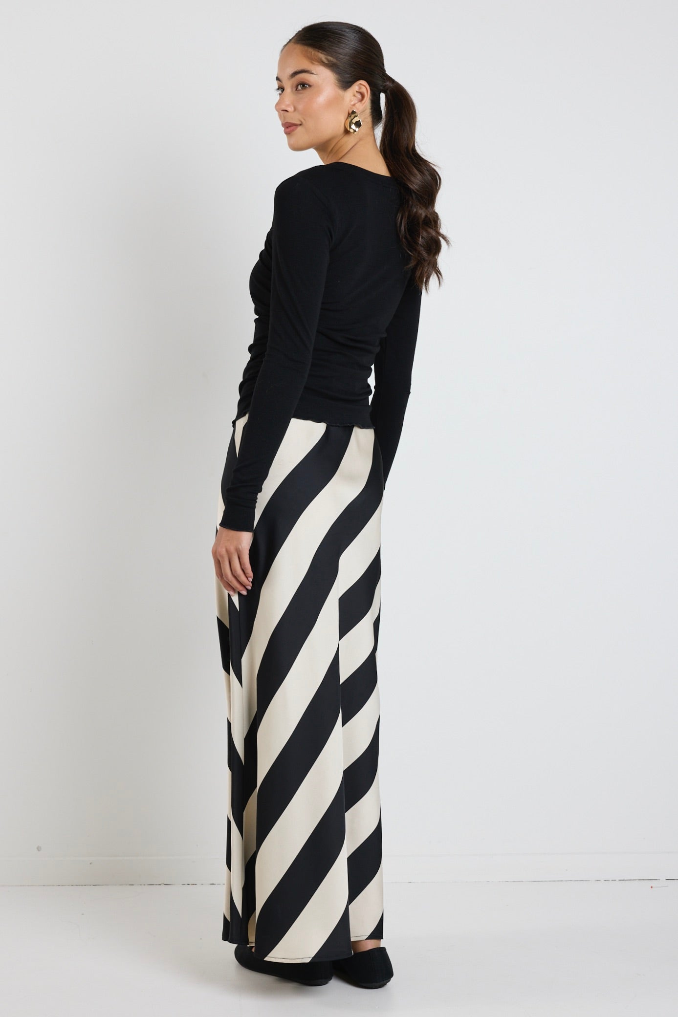Fiery Black Sand Stripe Satin Bias Maxi Skirt - Elegant Long Flowy Skirt for Women, Perfect for Parties, Weddings & Special Occasions