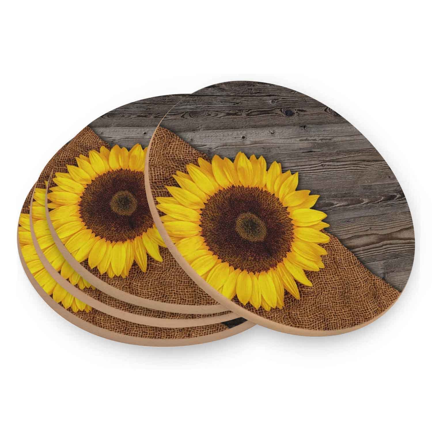 4-Pack Absorbent Cork Coasters for Drinks - Heat Resistant Wooden Coasters with Sunflower & Burlap Design - Perfect for Home Decor, Coffee Tables, Bars, and Kitchen Use