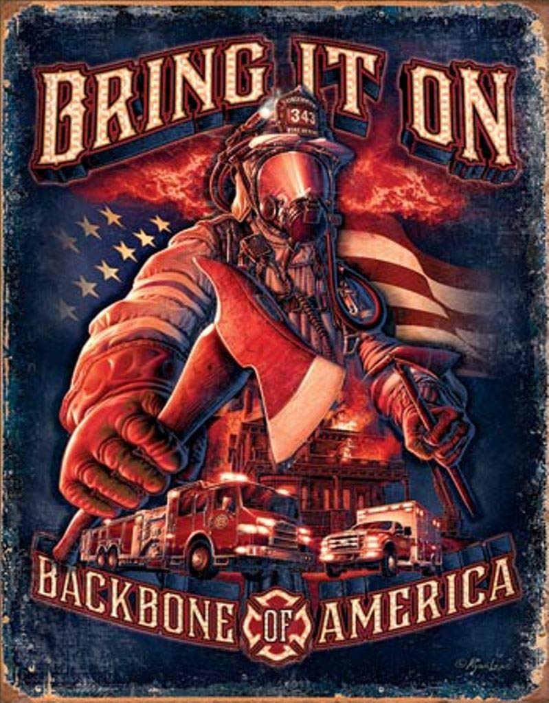 Vintage Firefighter EMT Tin Collectible Sign - Patriotic American First Responder Gift for Home, Office, or Man Cave Decor