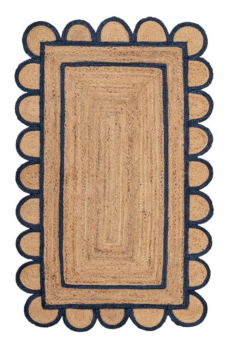 Handwoven Jute Area Rug with Scalloped Edge - 5x5 Square Feet Natural Beige Farmhouse Rug for Bedroom, Living Room & Kitchen - Blue Border Braided Cotton Rug for Boho & Coastal Home Decor