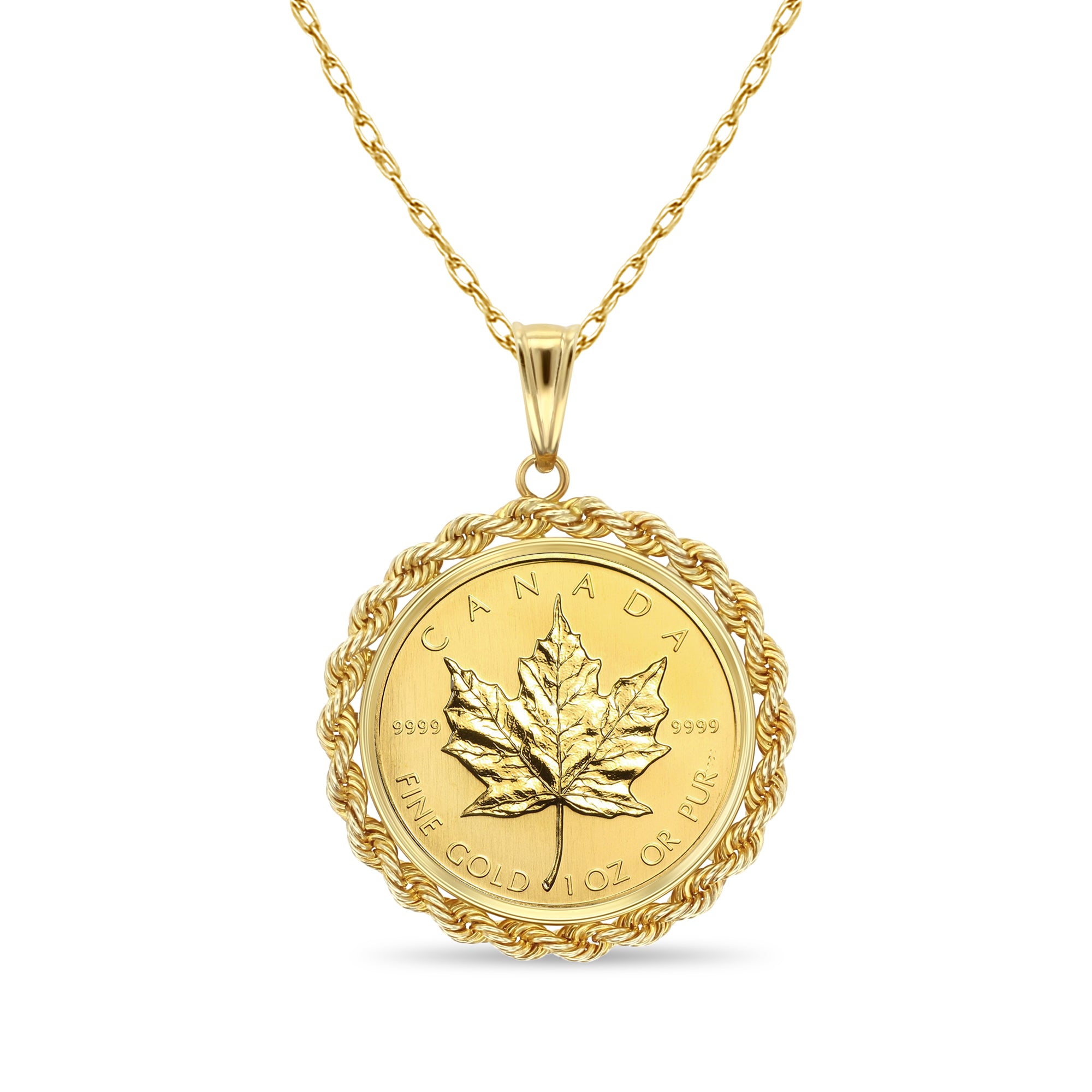 1OZ Canadian Maple Leaf Coin Necklace - 14K Yellow Gold with 4MM Rope Halo | Elegant Jewelry Gift for Women, Perfect for Parties, Weddings & Special Occasions