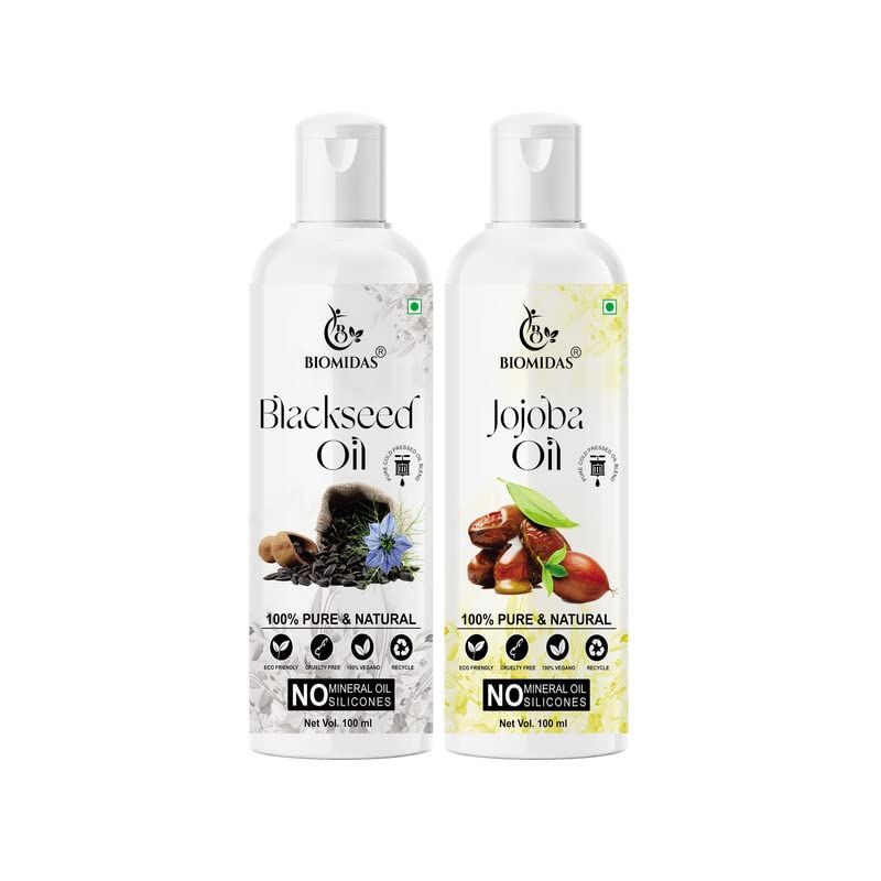 Biomidas 100% Pure Black Seed Oil & Jojoba Oil Combo (100ML Each) - Promotes Hair Growth, Reduces Hair Fall, Repairs Split Ends for Soft & Shiny Hair - Natural Hair Care Solution for Men & Women - Perfect for Daily Scalp Massage & Deep Conditioning Treatments