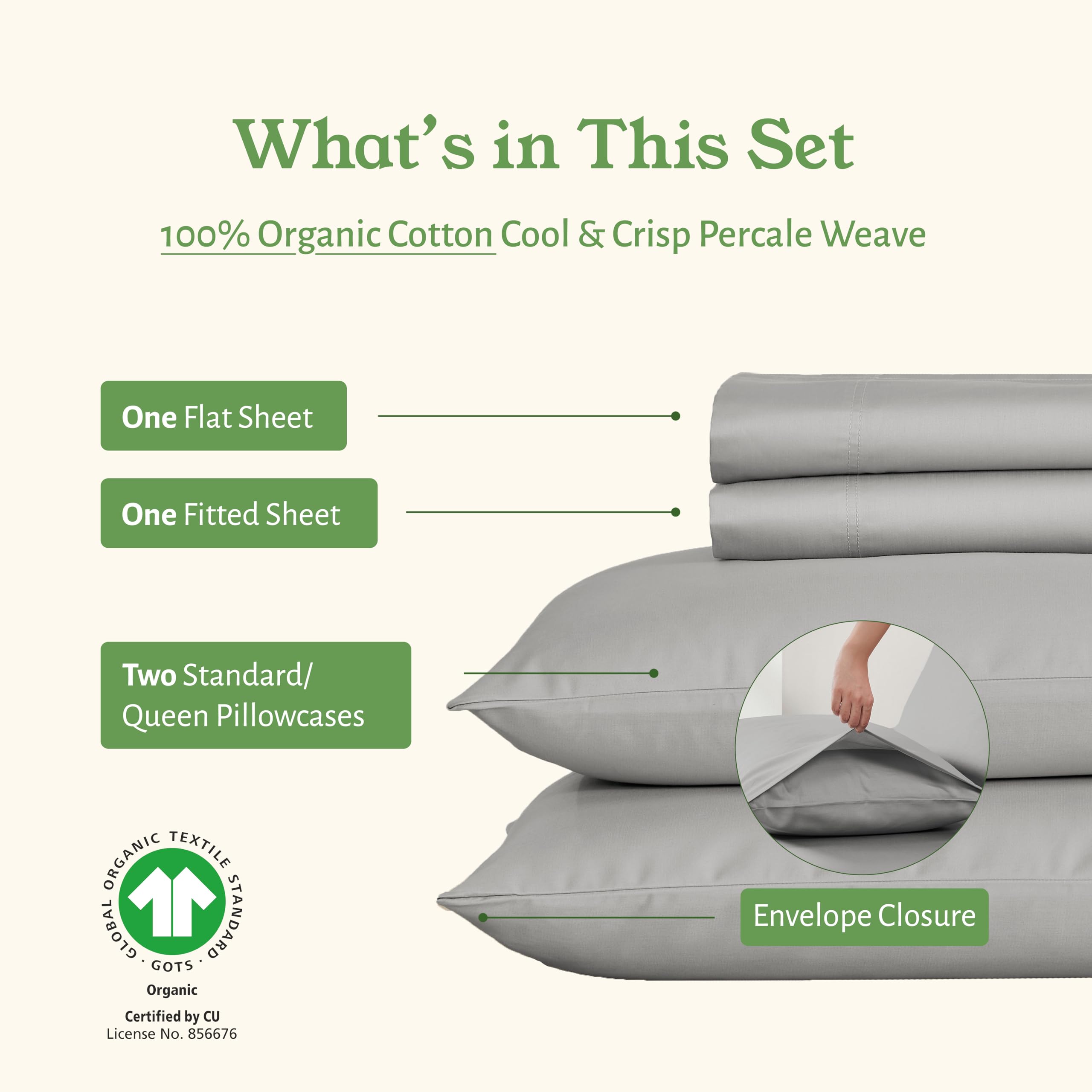 California Design Den 100% Organic Cotton Queen Size Sheet Set - GOTS Certified Percale Bed Sheets with Deep Pockets, Ultra Soft & Cooling - 4 Piece Light Grey Sheets for Luxury Bedding | Perfect for Hot Sleepers & Eco-Conscious Homes