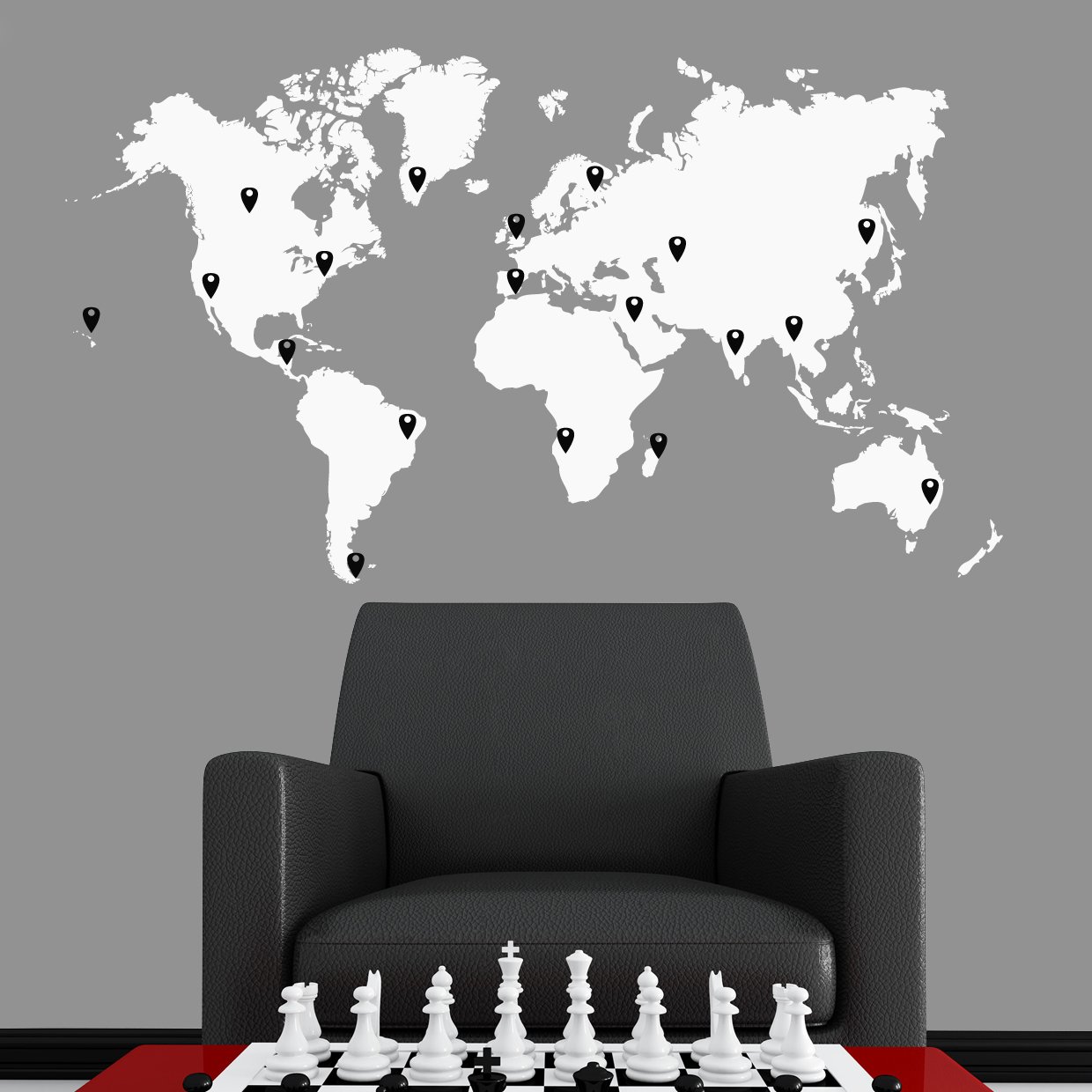 Stickerbrand World Map Wall Decal with 224 Pins - White Map with Red, Black, White & Grey Pins, 60