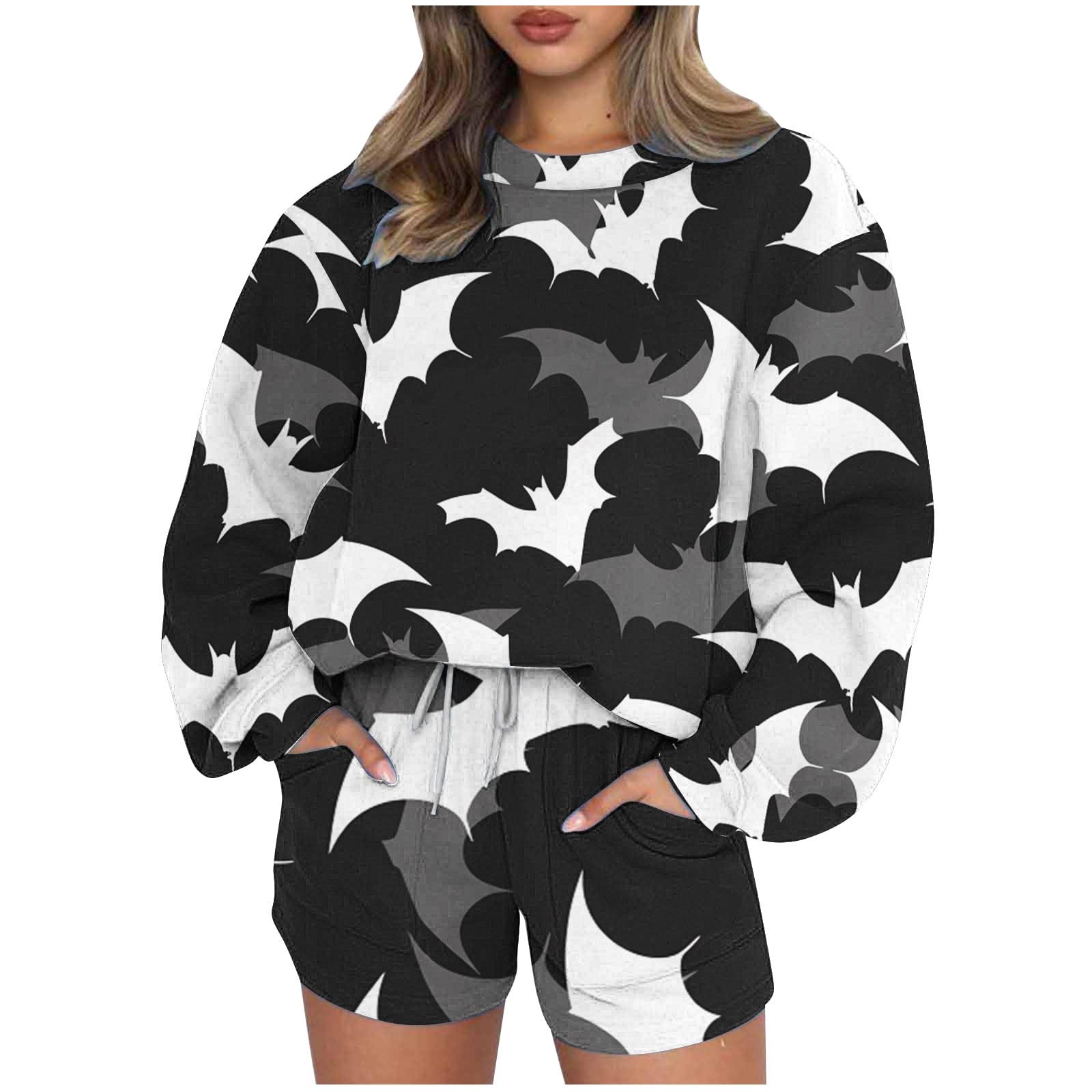 Women's 2-Piece Lounge Set - Long Sleeve Printed Sweatshirt & Elastic Waist Shorts | Fall Casual Outfits | Perfect for Home, Parties & Weekend Wear