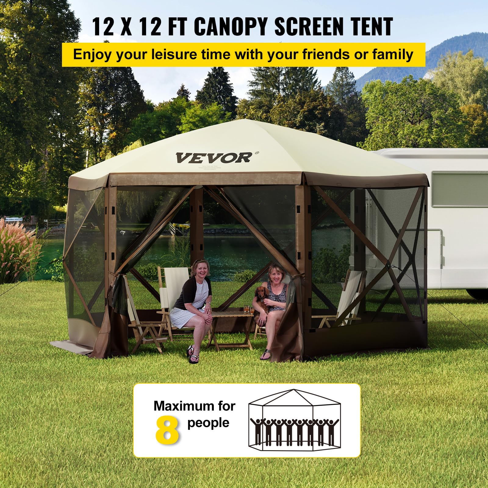 VEVOR 12x12ft 6-Sided Pop Up Canopy Tent with Mesh Windows & Carry Bag - Portable Outdoor Shade Shelter for Camping, Beach, Backyard, Picnics, Parties (Brown/Beige) - Includes Stakes & Windproof Design