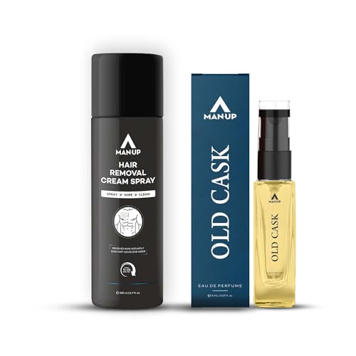 Man-Up Hair Removal Cream Spray - 200ml & Old Cask Cologne for Men - 8ml | Painless Depilatory Cream & Long-Lasting Fragrance | Dermatologist Tested for Sensitive Skin | Perfect for Travel, Gym & Daily Grooming Routine
