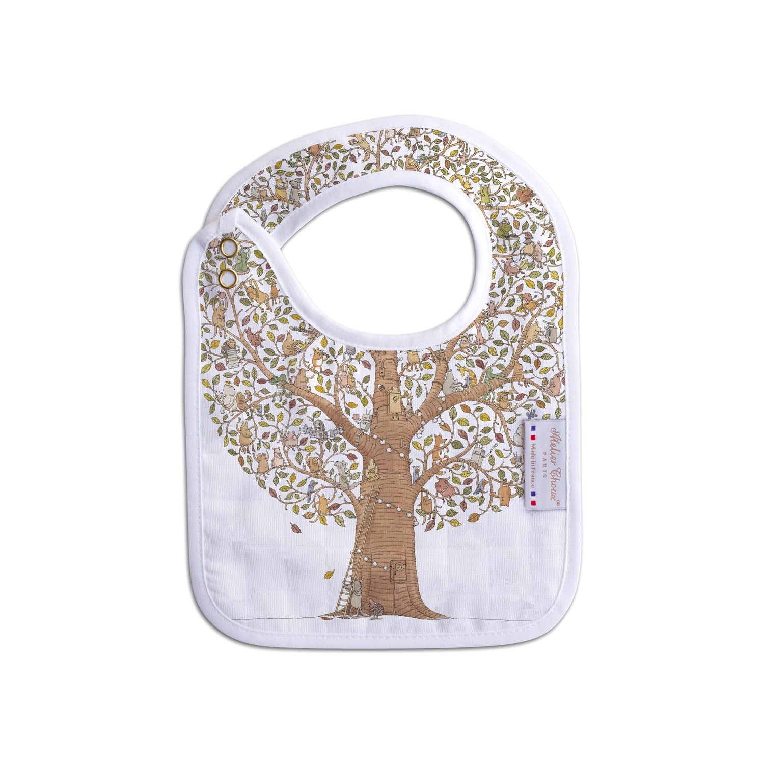 Atelier Choux Premium Baby Bib - Friends & Family Tree Design with Gold Snaps | Soft & Absorbent for Mealtime, Travel & Everyday Use