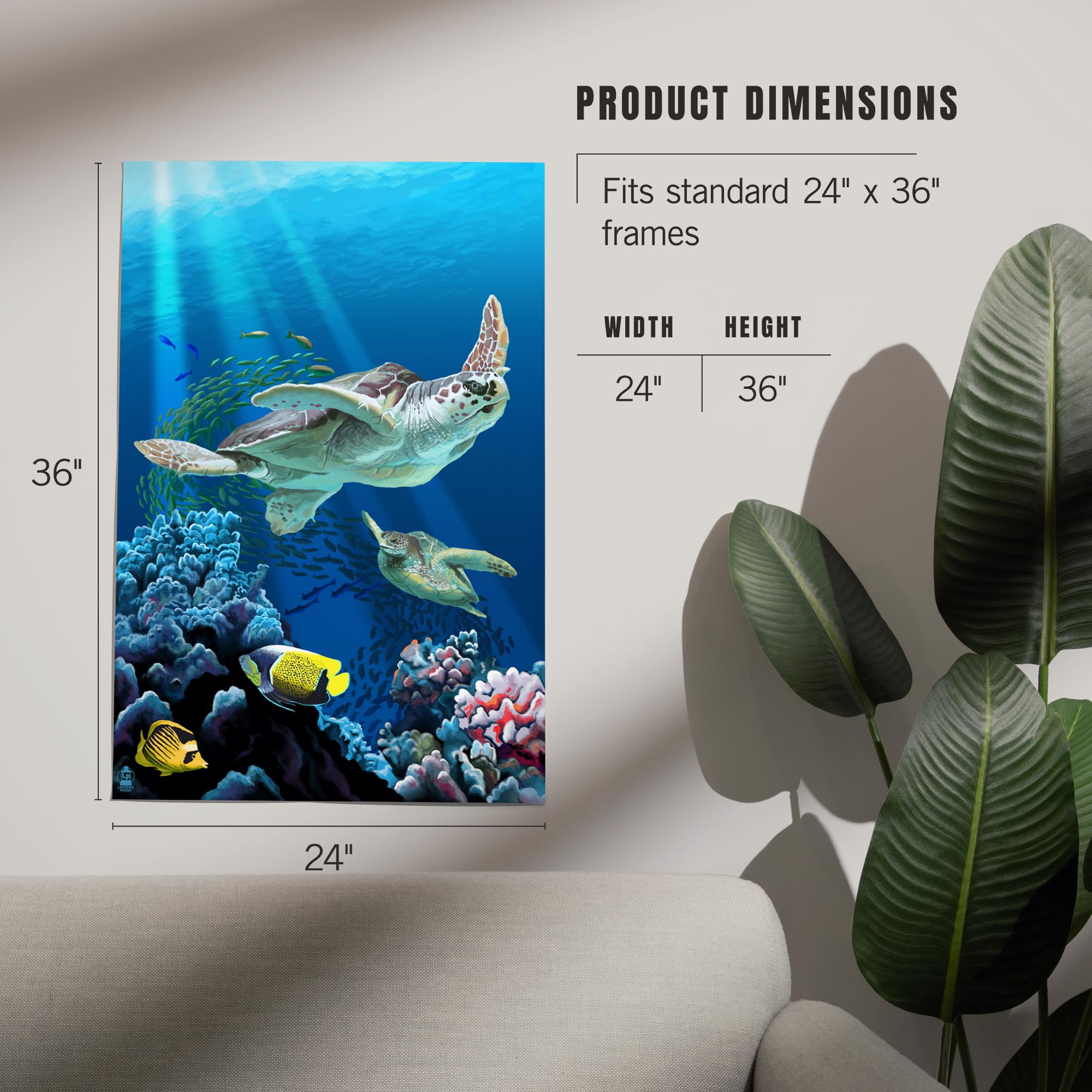 Lantern Press 24x36 Inch Giclee Art Print - Sea Turtle Swimming Underwater Wall Decor for Living Room, Bedroom & Office | Premium Ocean Themed Home Decor