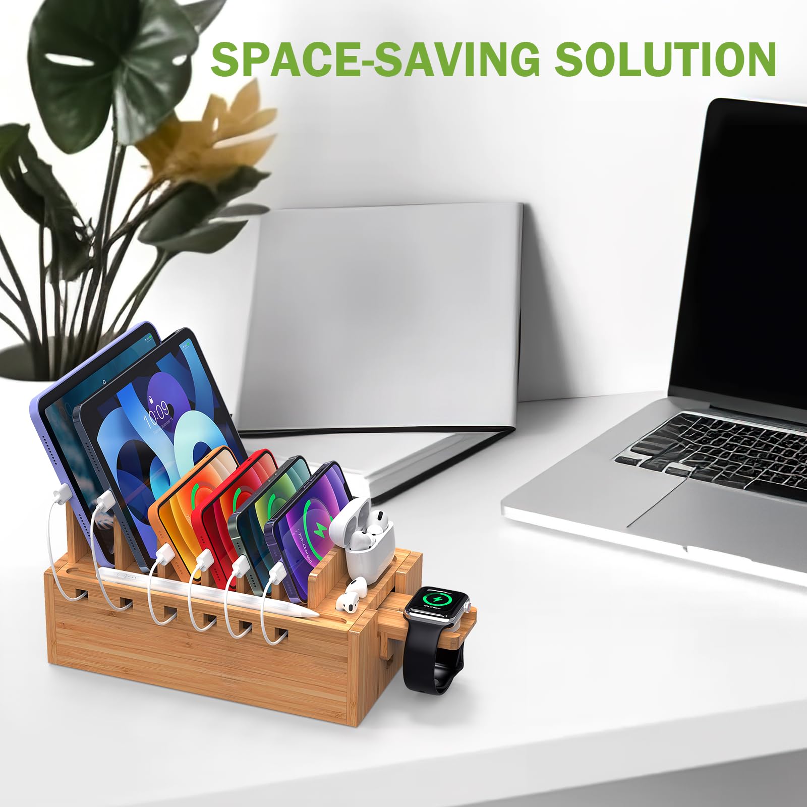 Bamboo Charging Station with 5 USB Ports & Cables - Phone, Tablet, Watch Organizer for Office & Home