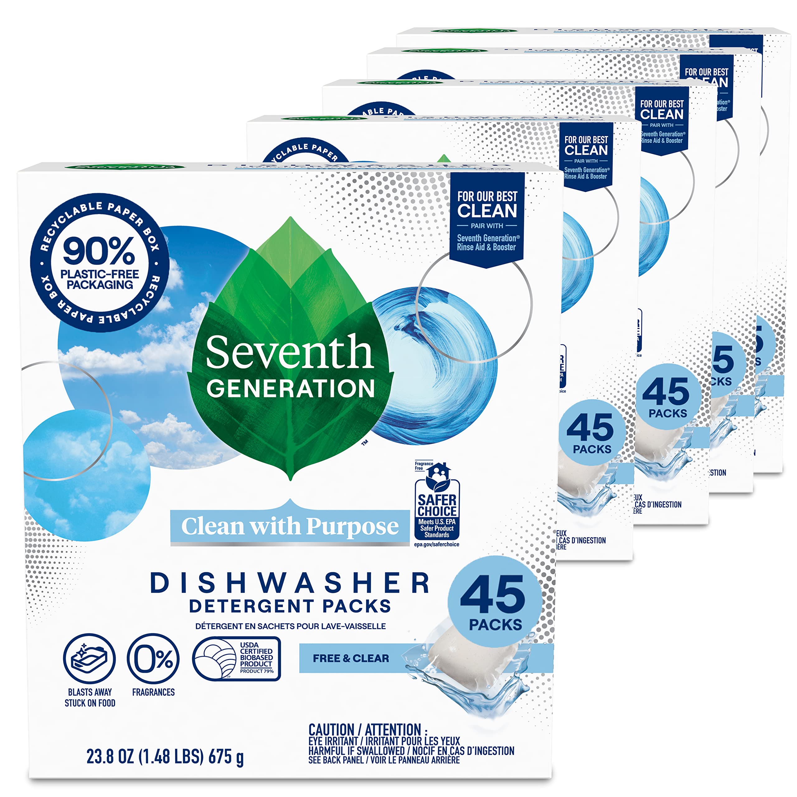 Seventh Generation Free & Clear Dishwasher Detergent Packs - 45 Count (5 Packs) | Plant-Based, Hypoallergenic & Eco-Friendly for Sparkling Clean Dishes | Perfect for Daily Use, Large Families & Sensitive Skin