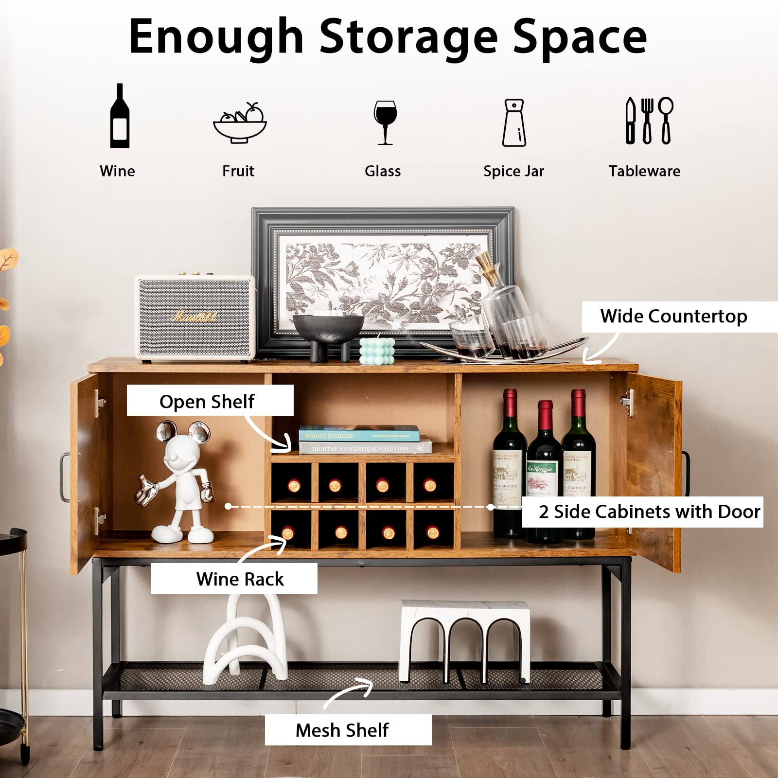 Giantex Industrial Wine Cabinet - Freestanding Kitchen Buffet Sideboard with Mesh Shelf, 2 Door Storage Cabinet & Console Table for Dining Room, Living Room, Hallway - Rustic Brown & Black | Perfect for Home Bar, Wine Storage & Entryway Organization