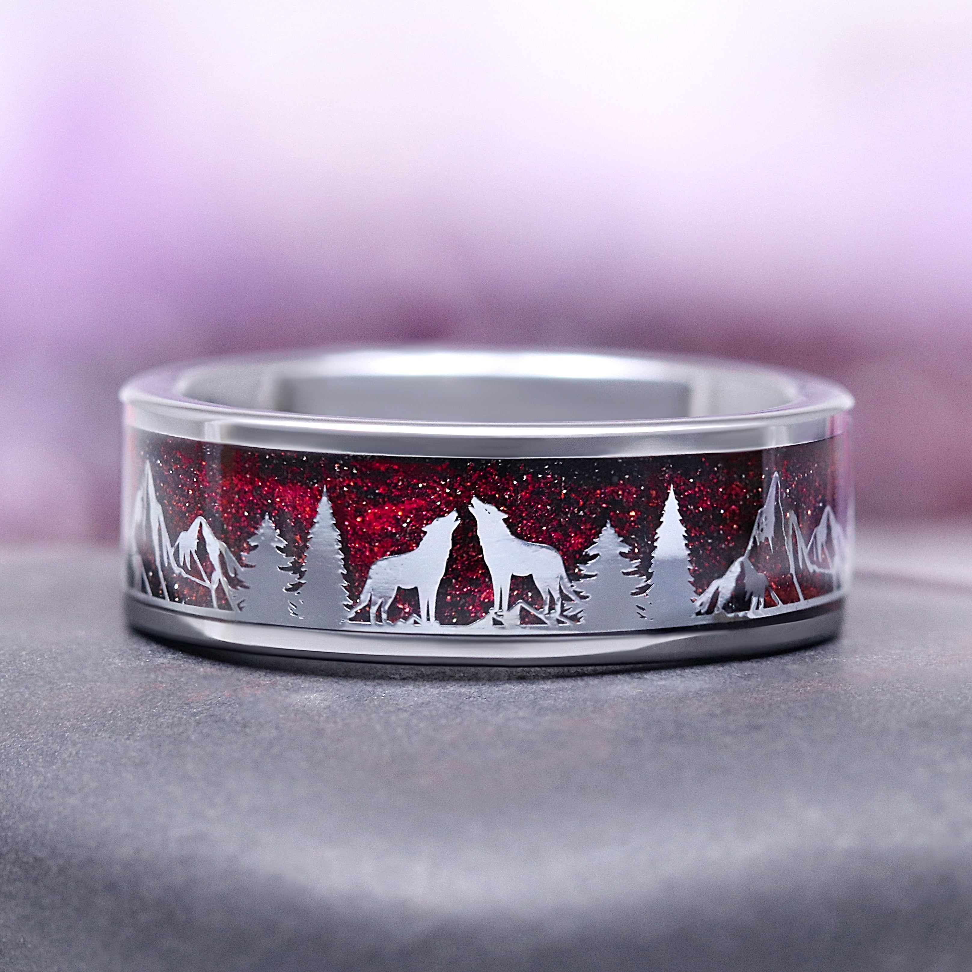 8MM Tungsten Wedding Band for Men - Starry Night, Trees & Wolves Design (Vampire Inspired) - Perfect for Gothic Weddings, Halloween Proposals & Alternative Lifestyle Jewelry