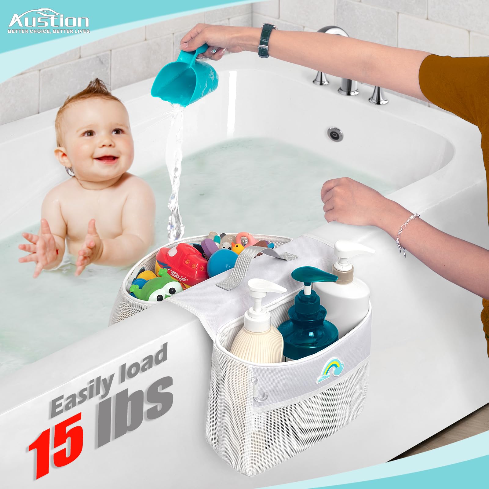 2-Compartment Mesh Bath Toy Organizer - Saddle-Shaped Shower Storage Holder with Wide Opening for Easy Kids Access | Perfect for Drying, Organizing & Storing Bath Toys in Tub or Shower