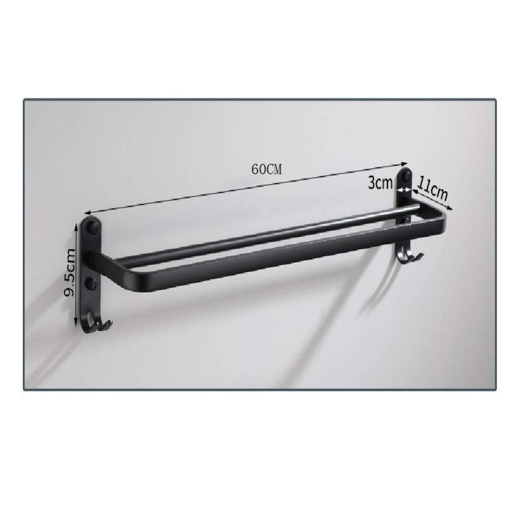 Black Aluminum Double Rod Towel Rack with Hooks - 60CM Wall Mounted Bathroom Towel Holder, Space Saving Hotel Shelf for Towels & Robes - Perfect for Bathroom, Kitchen, Laundry Room Organization