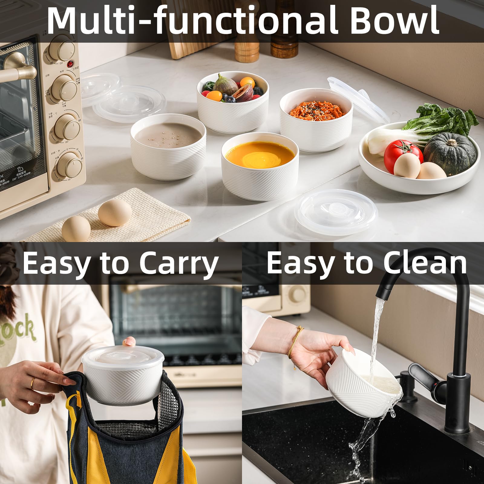 20oz Ceramic Bowl with Lid - Microwave Safe Food Storage for Soup, Salad & Meal Prep - Picnic & Camping Use