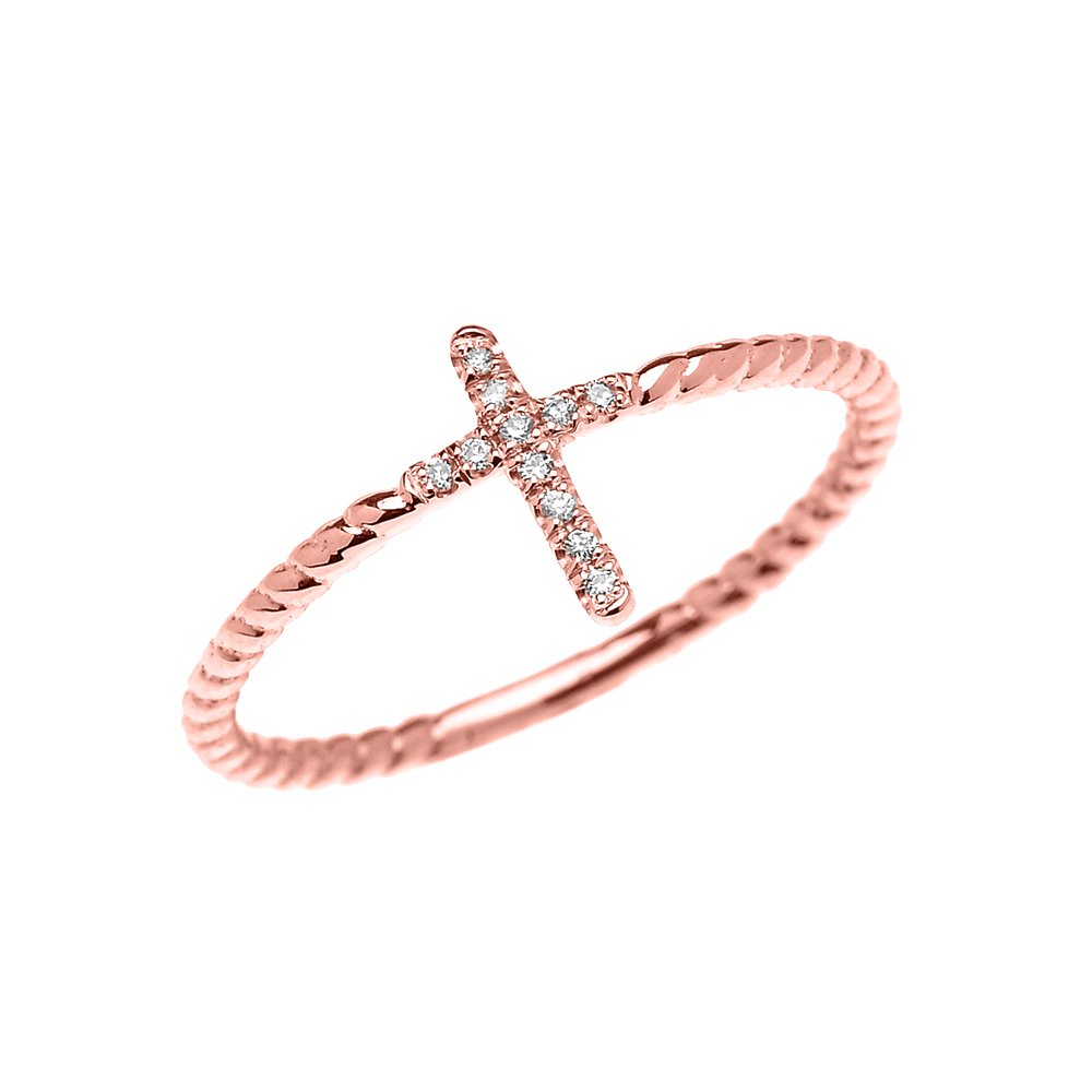 10K Rose Gold Dainty Diamond Cross Rope Design Ring for Women - Elegant Religious Jewelry Gift for Christmas, Baptism & Everyday Wear