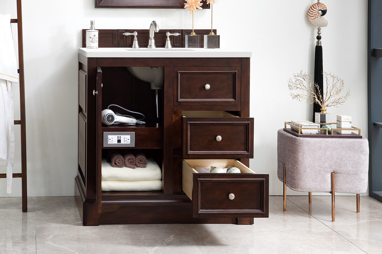 De Soto 36 Inch Single Bathroom Vanity with Burnished Mahogany Cabinet & 3CM White Zeus Quartz Countertop - Perfect for Modern Master Bathrooms and Powder Rooms