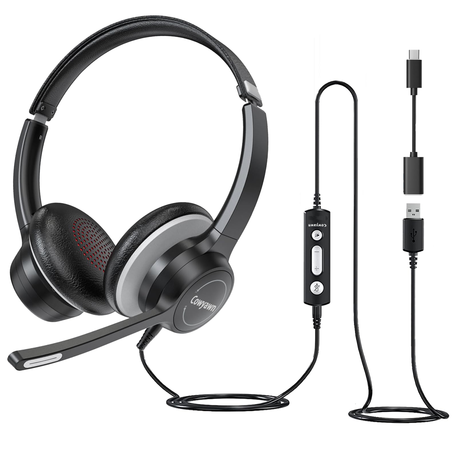 Noise Cancelling USB Headset with Microphone for PC & Laptop - Wired Computer Headset with In-Line Controls, USB-A/USB-C Compatible for Work, Home Office, Call Center, Gaming & Online Meetings