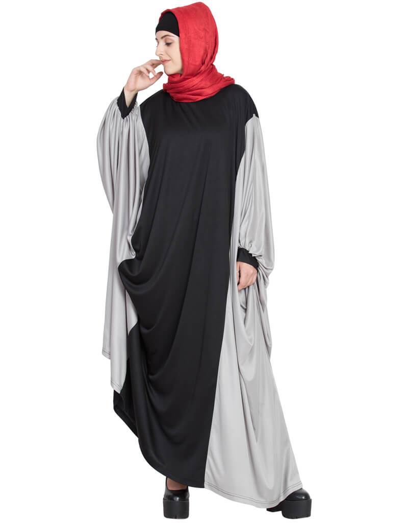Elegant Arabic Kaftan Style Contrast Black Grey Iranian Abaya Dress - Perfect for Eid, Ramadan & Special Occasions