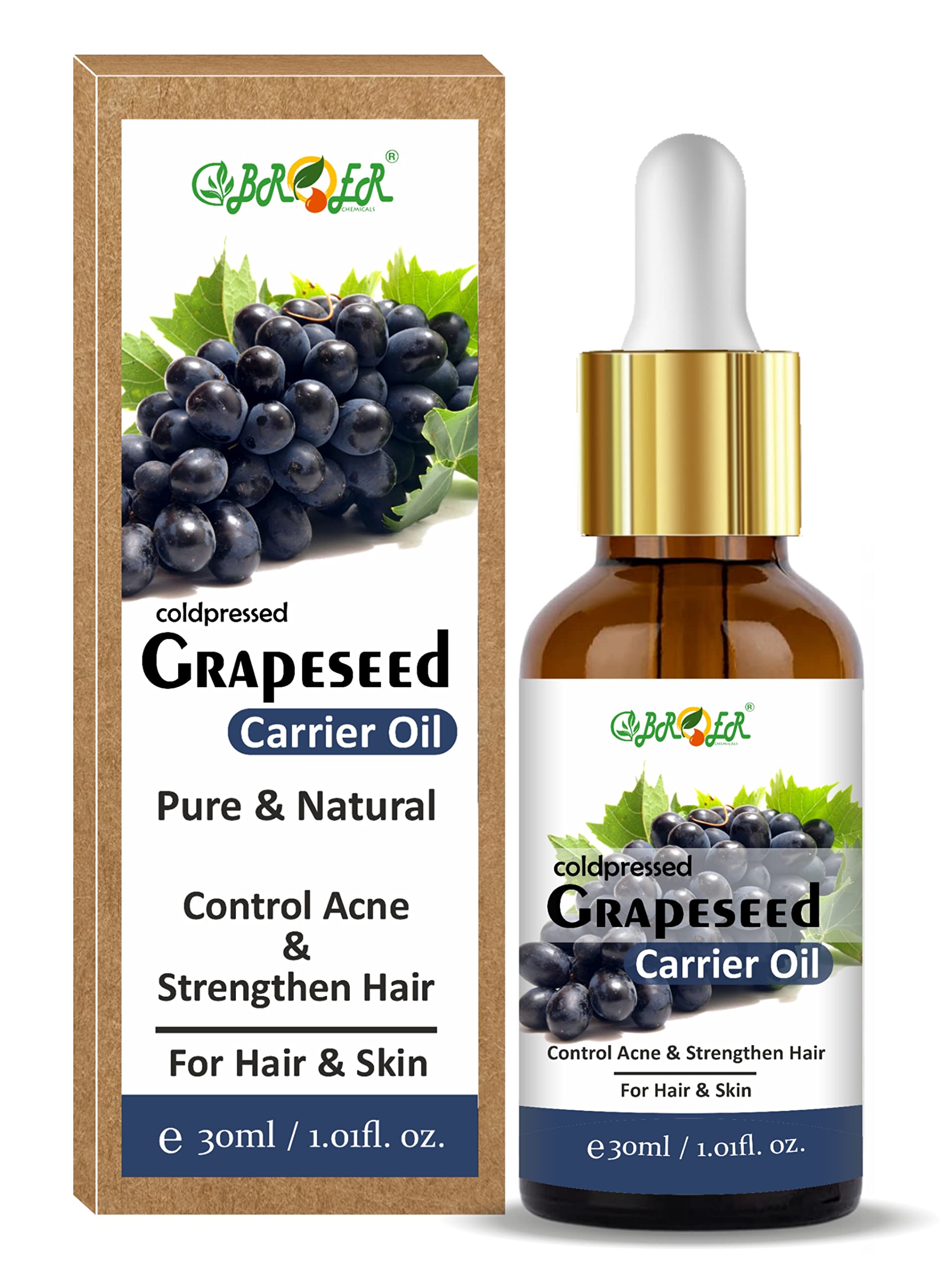 Pure Cold-Pressed Grapeseed Oil for Skin & Hair - Natural Face Massage Oil for Glowing Skin, Acne Treatment & Shiny Hair Care (2-Pack, 60ml) | Perfect for Daily Skincare Routine, DIY Beauty Recipes & Aromatherapy