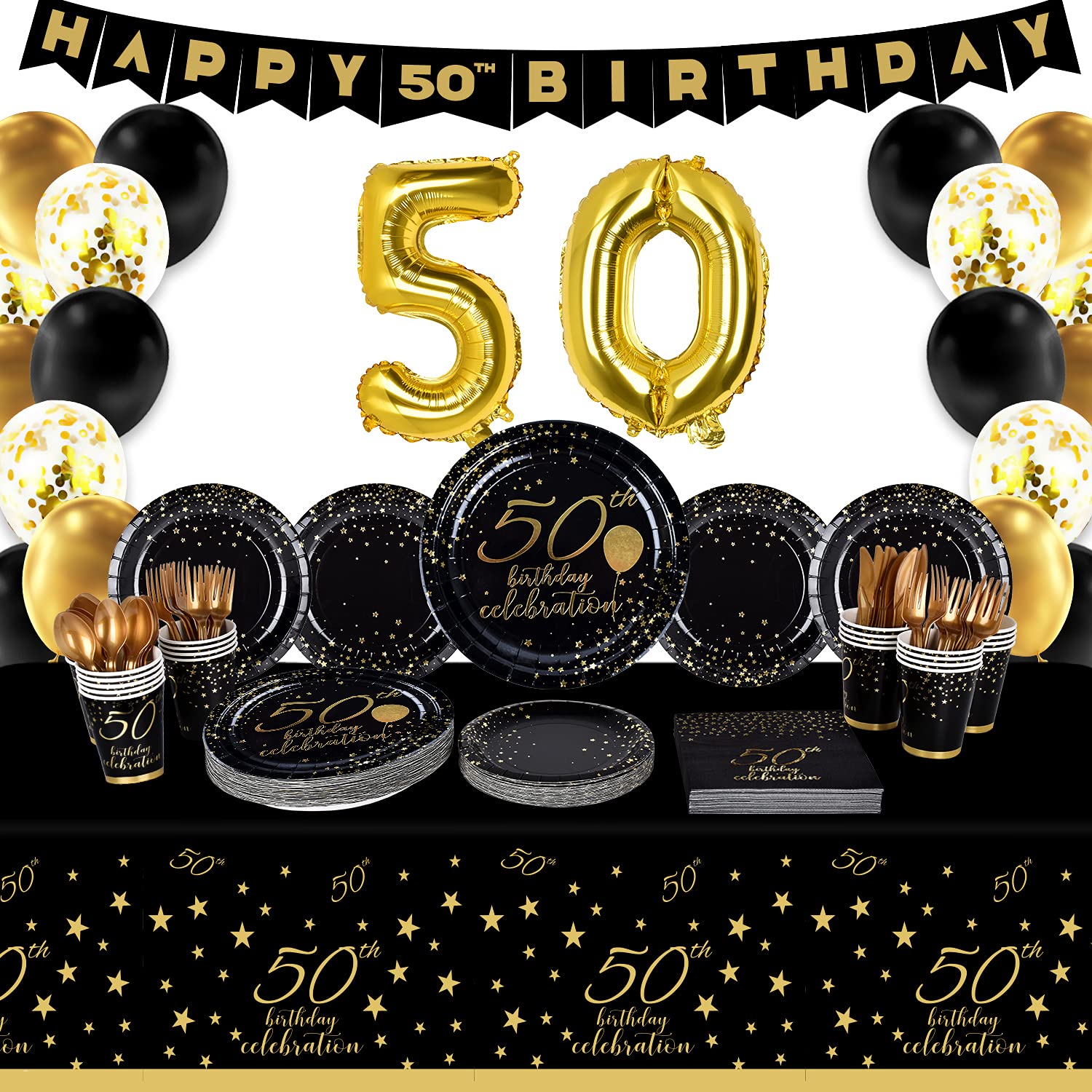 Gatherfun 50th Birthday Party Supplies Set - 50 Disposable Paper Plates, Napkins, Cups, Cutlery & Tablecloth with Black & Gold Balloons & Banner - Elegant 50th Birthday Decor for Men & Women (Serves 25) - Perfect for Milestone Celebrations, Retirement Parties & Anniversary Events