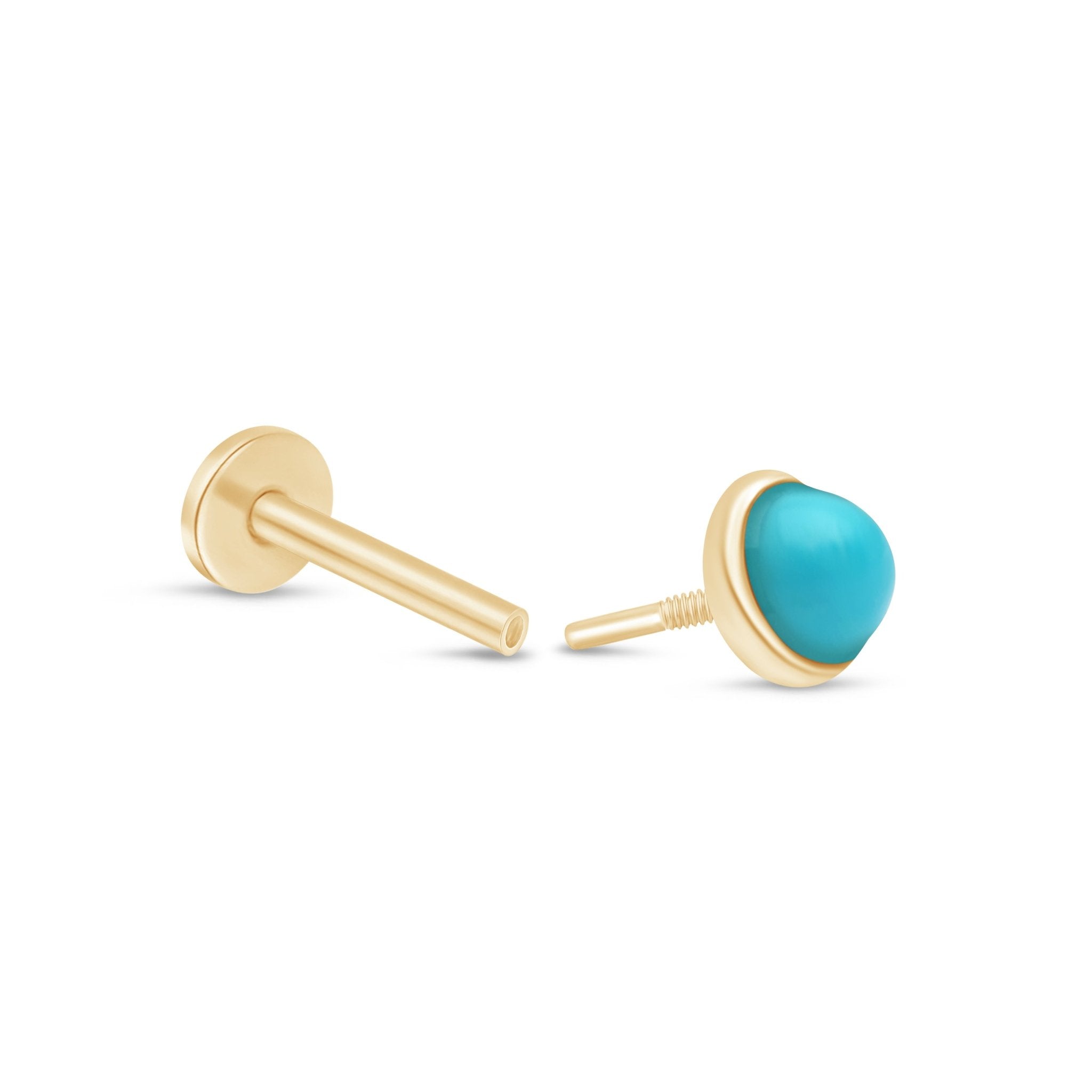 14K Yellow Gold Round Turquoise Cabochon Stud Earrings - Flat Back Bezel Set for Everyday Wear & Boho Jewelry