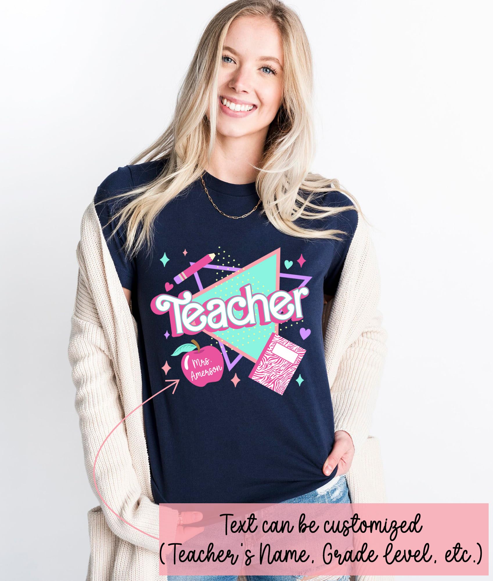 Custom Personalized Teacher T-Shirt - 80s 90s Retro Pink Back to School Shirt with Name & Grade | Great for Teacher Appreciation Week, Classroom Gifts & School Events