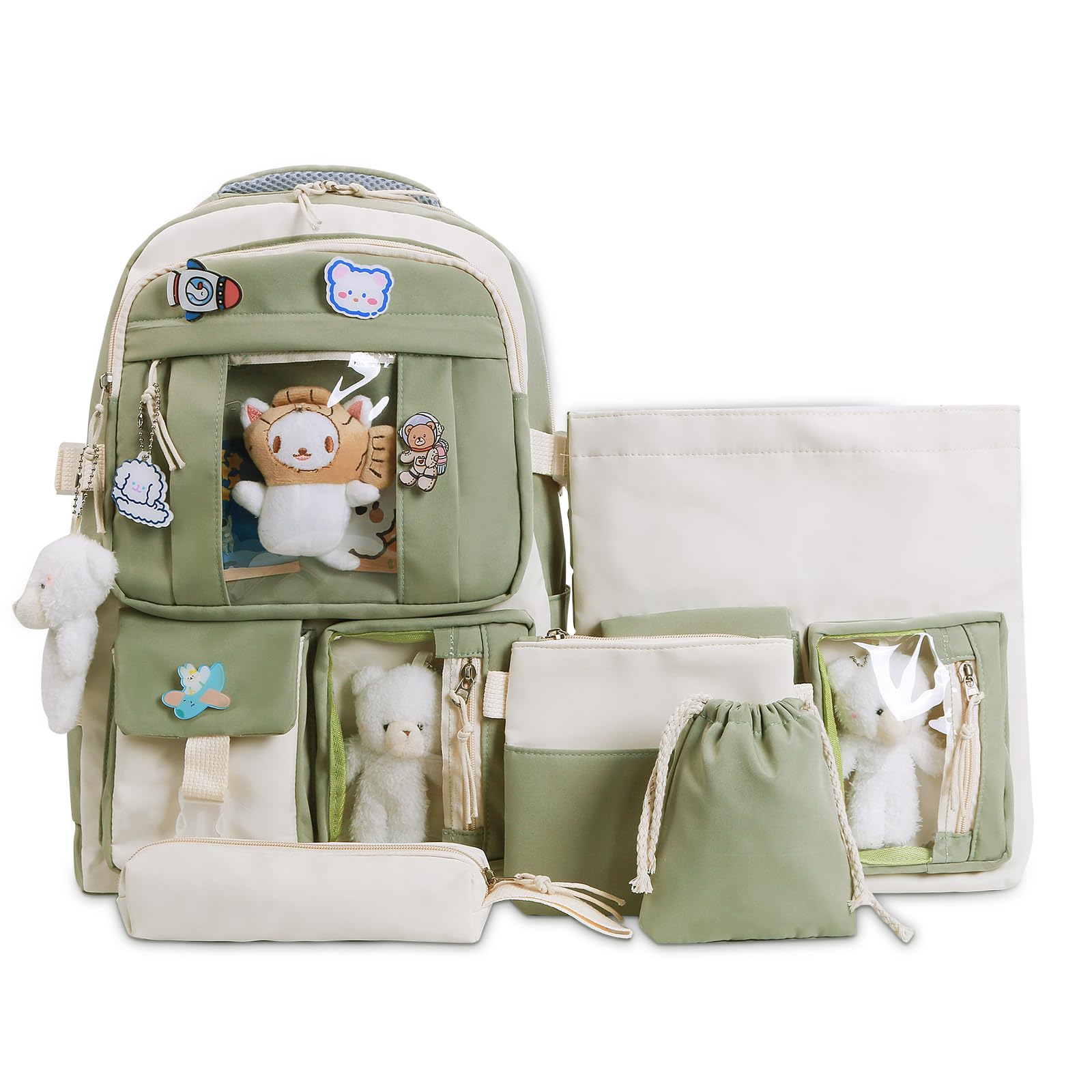 Kawaii Backpack Set for Girls - 5pcs Cute School Bag with Accessories & Pins | Aesthetic Handbag & Tote for Kids | Perfect for School, Travel & Daily Use