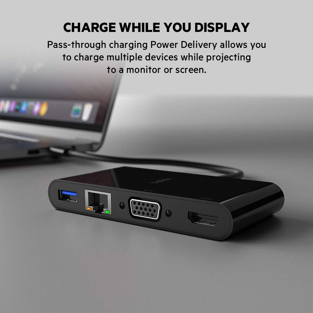 Belkin USB-C Multimedia Adapter Hub with VGA, 4K HDMI, USB 3.0 & Ethernet Ports - 100W Power Delivery for MacBook Pro, iPad Pro, Surface Pro, Chromebook - Perfect for Home Office, Remote Work & Multi-Screen Setup