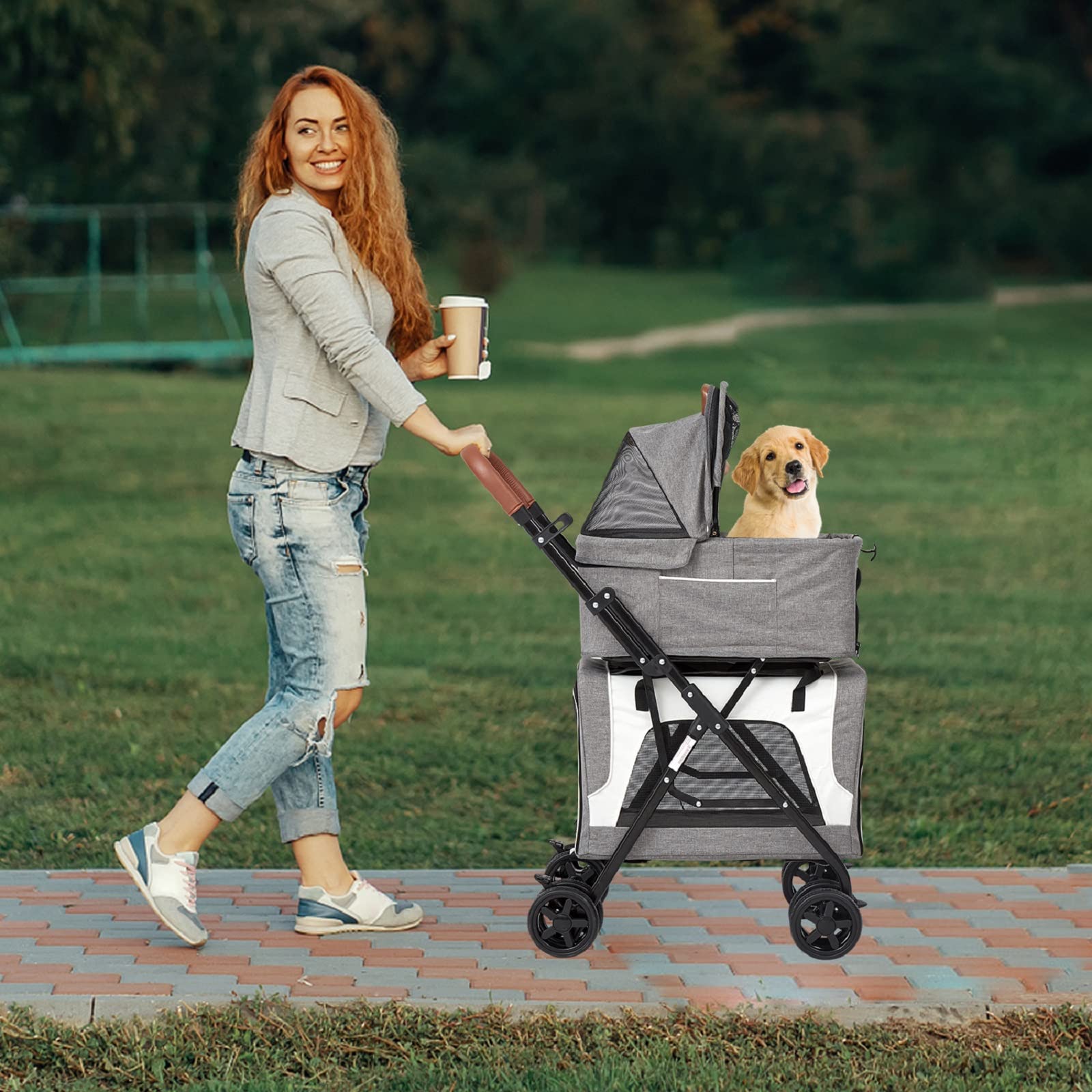 Premium 2-in-1 Pet Stroller for Small Dogs & Cats - Double Pet Carrier with Detachable Jogging Wheels, Safety Belt & Storage Pockets | Perfect for Outdoor Walks, Jogging, Vet Visits & Shopping Trips (Grey)