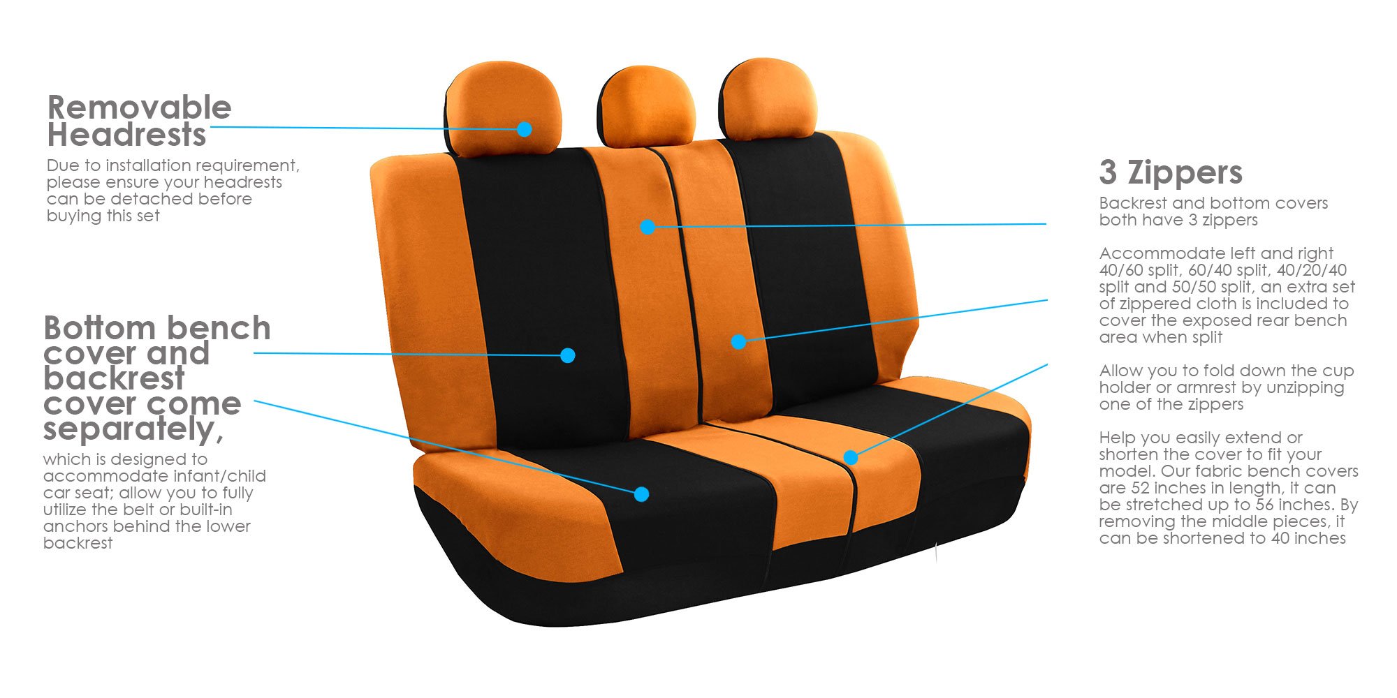 FH Group Light & Breezy Cloth Car Seat Covers - 7 Seater 3-Row Universal Fit for Cars, Trucks & SUVs - Airbag & Split Compatible (Orange/Black) - Perfect for Road Trips, Daily Commutes & Family Travel