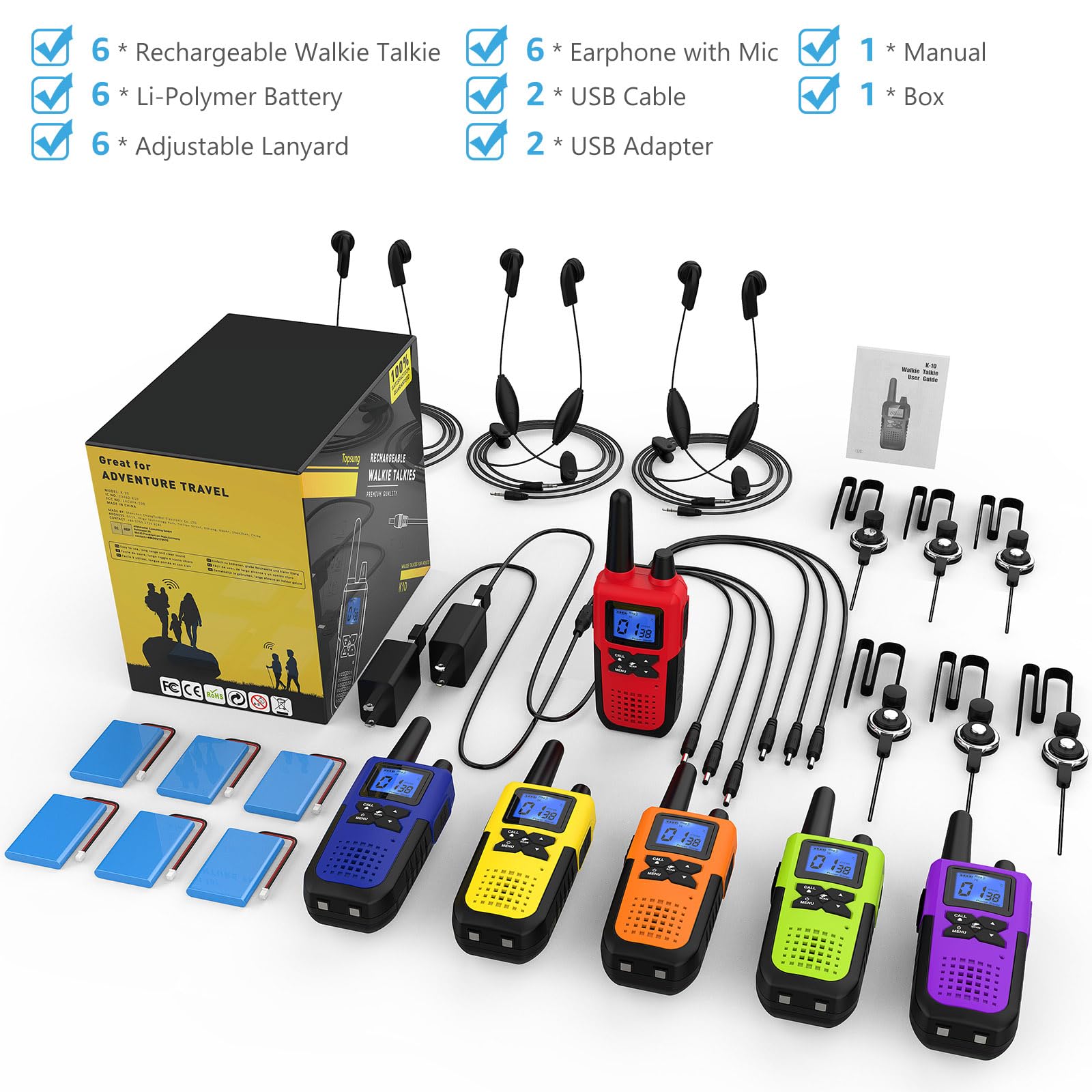 Long Range Walkie Talkies for Adults - 6 Pack Rechargeable Two Way Radios with Earpiece Mic, USB Charger & NOAA Weather Alert - Perfect for Hiking, Camping, Outdoor Adventures and Family Communication