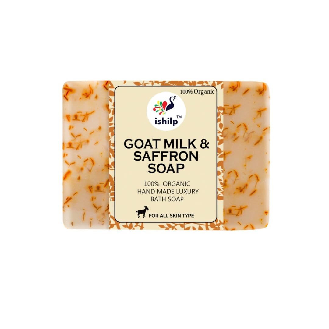 iShilp Goat Milk Soap with Saffron - Pack of 2 | Natural Skin Brightening & Moisturizing Bar Soap for Women & Men | Gentle Body Wash for Dry, Sensitive Skin | Perfect for Daily Bath & Skincare Routine