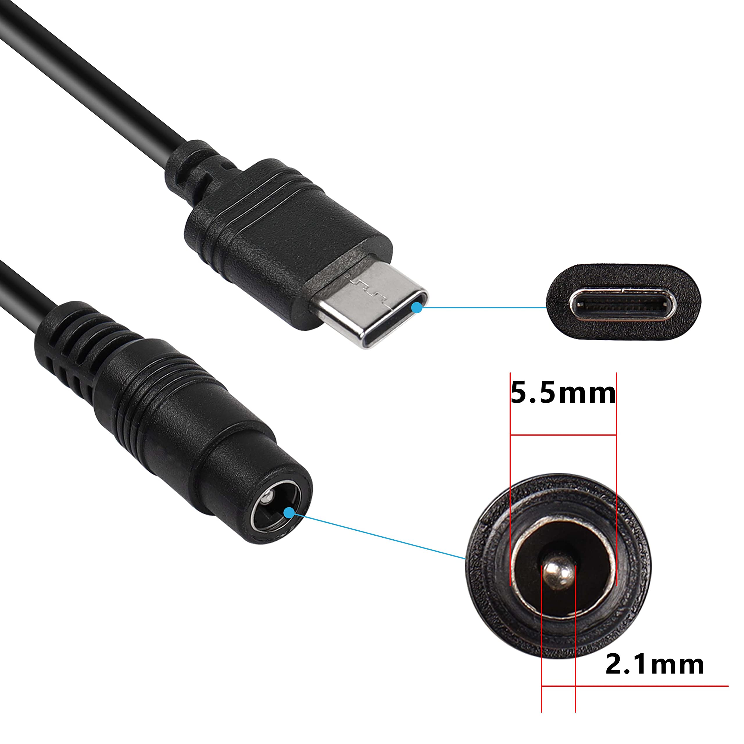 5V DC 5.5x2.1mm Female to USB Type C Adapter Cable - 2 Pack Power Extension Charger for Laptop, Phone, Tablet - Perfect for Home, Office & Travel Charging