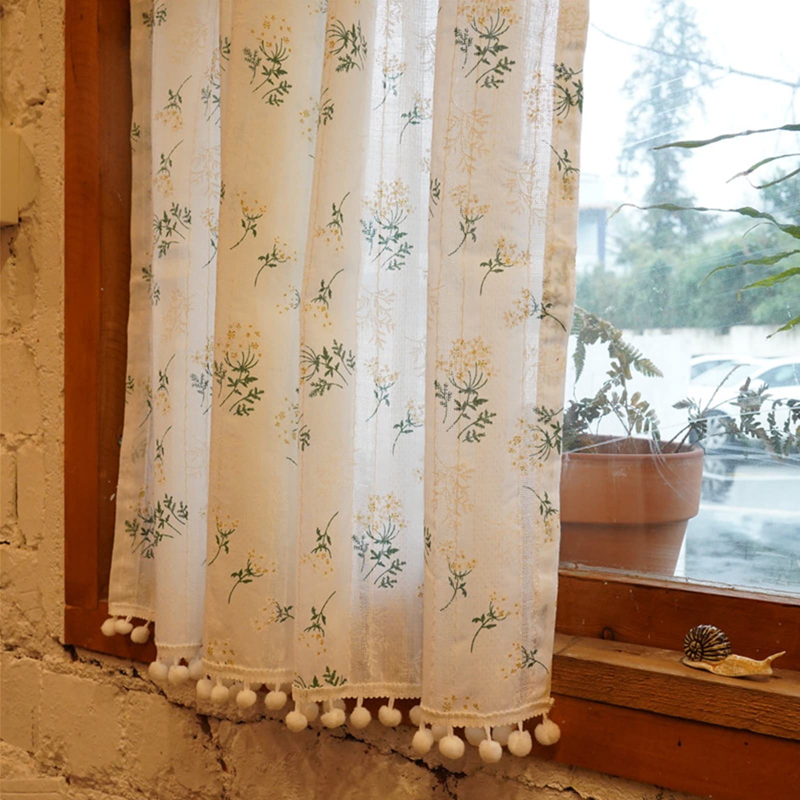 Country Style Lilac Cotton Cafe Curtains - Small Pompom Drapes for Kitchen, Bistro & Restaurant Windows (140x40cm) | Rustic Farmhouse Decor, Perfect for Coffee Shops & Cozy Home Kitchens