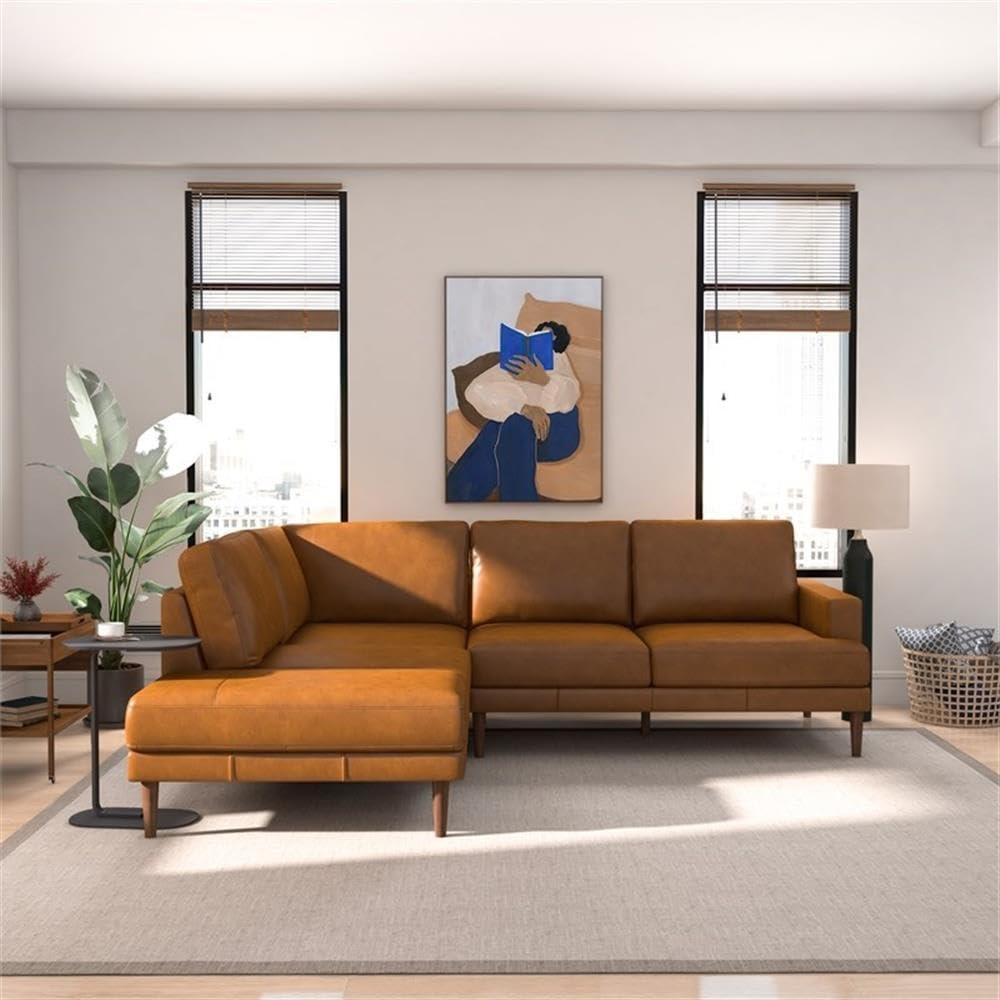 ASHCROFT Aplee Pillow Back Genuine Leather Upholstered Left-Facing Tan Sectional Sofa - Perfect for Living Room, Family Room & Home Theater Seating