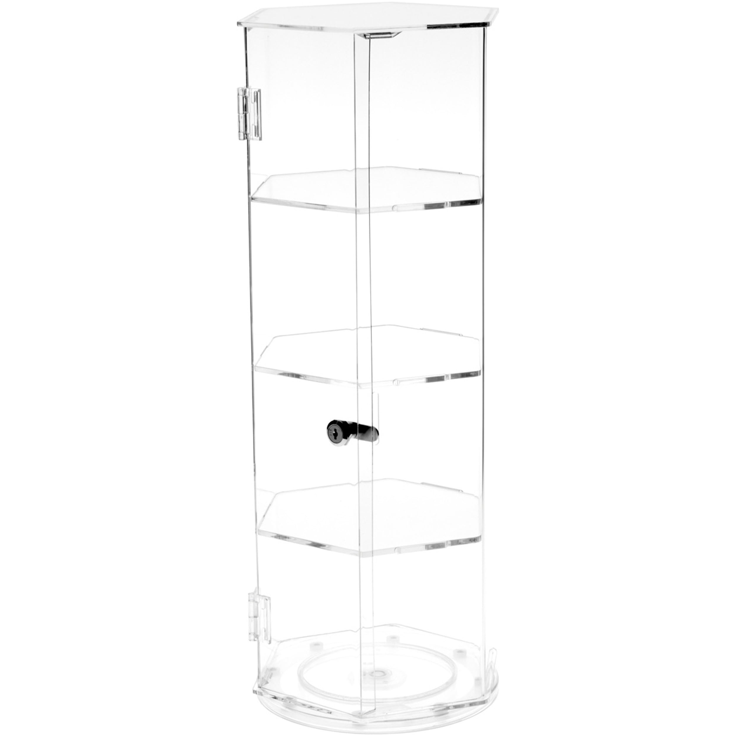 Plymor Clear Acrylic Hexagonal Locking Display Case with Rotating Base - 3 Tier Shelves (24.5