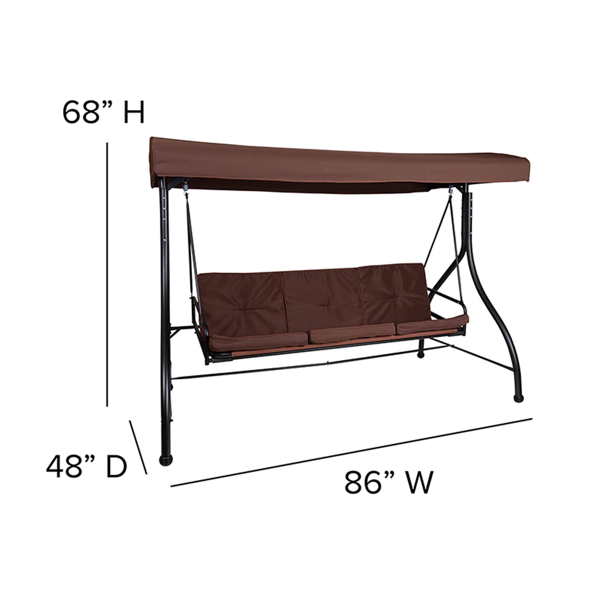 Flash Furniture Tellis 3-Seat Outdoor Steel Patio Swing with Canopy & Cushions - Convertible Hammock Swing Bed in Brown - Perfect for Backyard, Garden, and Poolside Relaxation