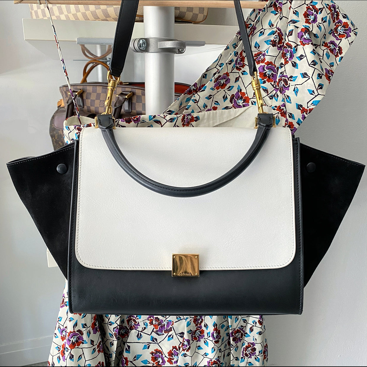 Celine Medium Trapeze Two-Way Handbag in Black & White - Stylish Crossbody & Shoulder Bag for Work, Travel & Everyday Use