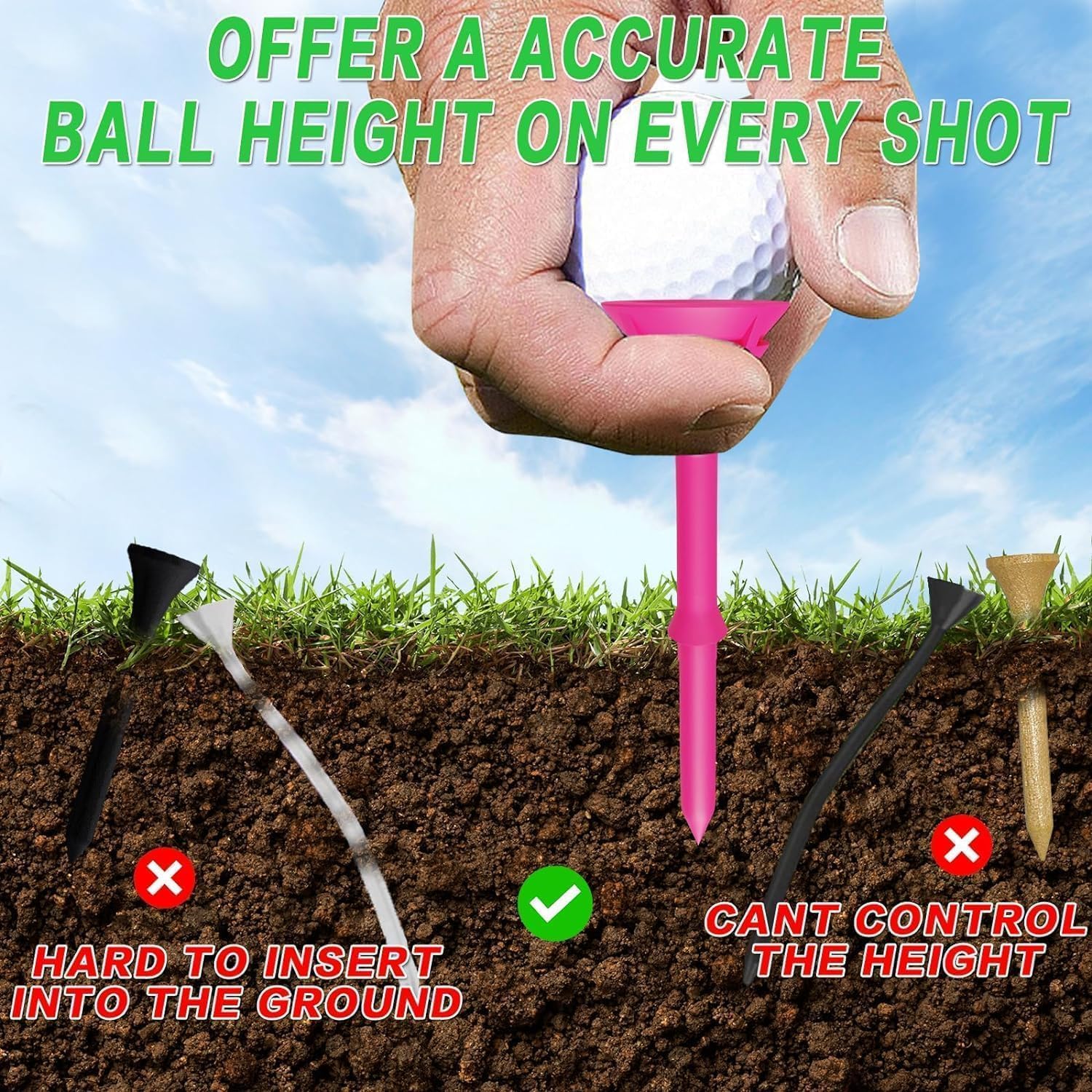 Unbreakable Pink Golf Tees Bulk Pack - 25/50 Reusable Plastic Golf Tees with Gift Box | Anti-Slip Big Cup Design Reduces Friction | Perfect for Outdoor Golf Training & Driving Range Practice