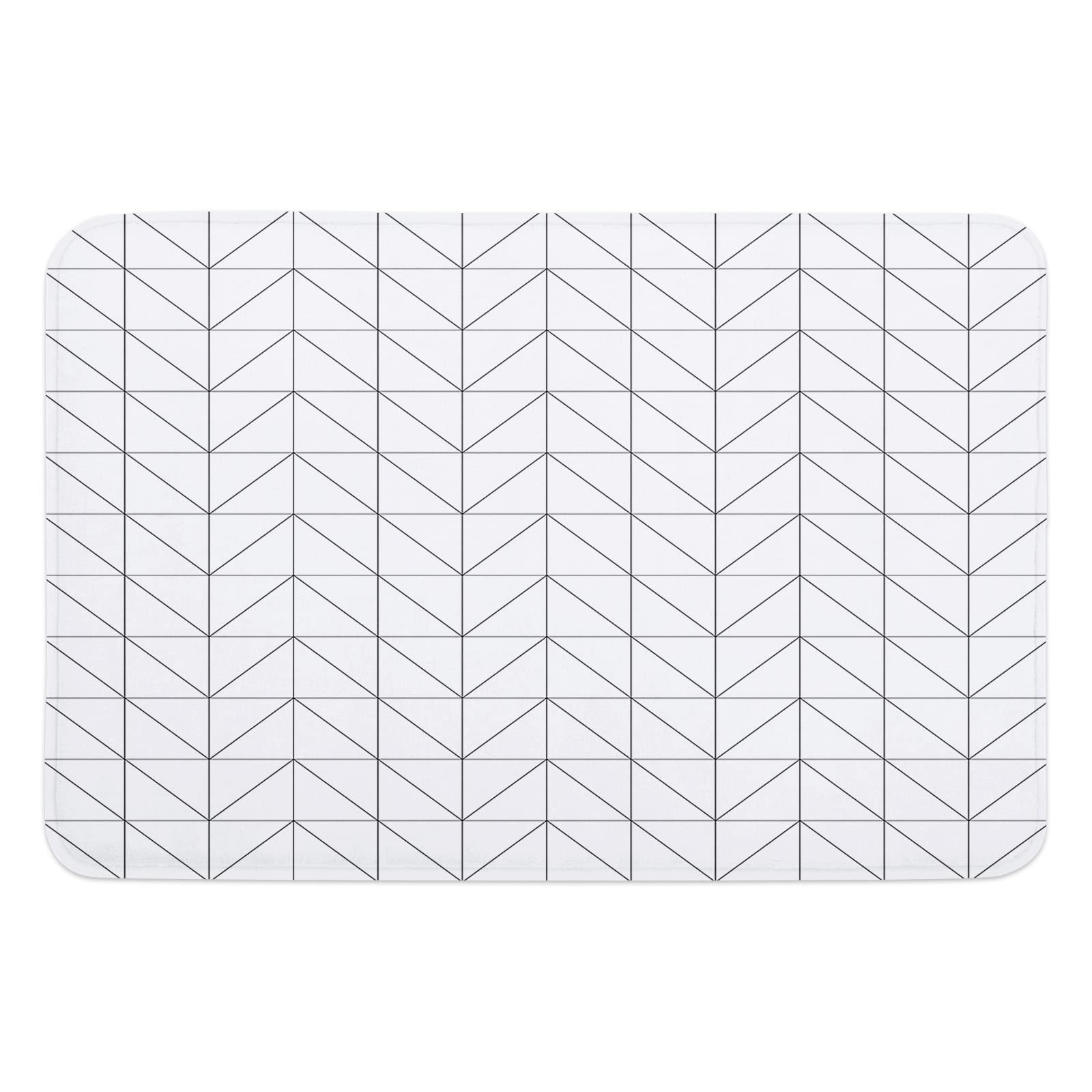 Modern Geometric Bath Rugs - Striped Chevron Zig-Zag Print Black & White Sponge Doormat - Absorbent Non-Slip Backing - Durable Soft Flannel Memory Foam Mat - 18