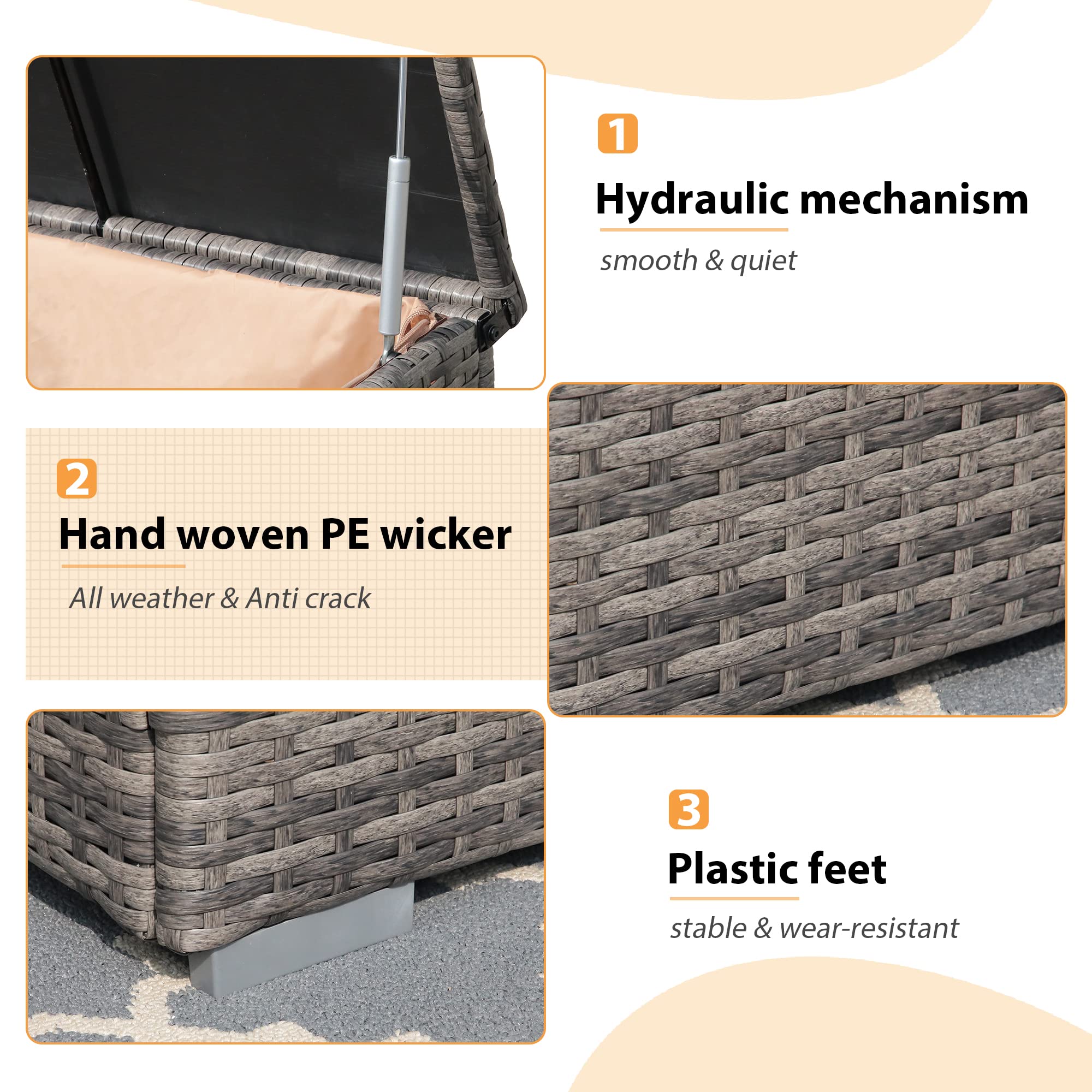 88 Gallon Waterproof Wicker Patio Storage Box - Outdoor Deck Box for Cushions, Garden Tools & Accessories | Weather-Resistant Gray Storage Bin for Backyard, Poolside & Patio Organization