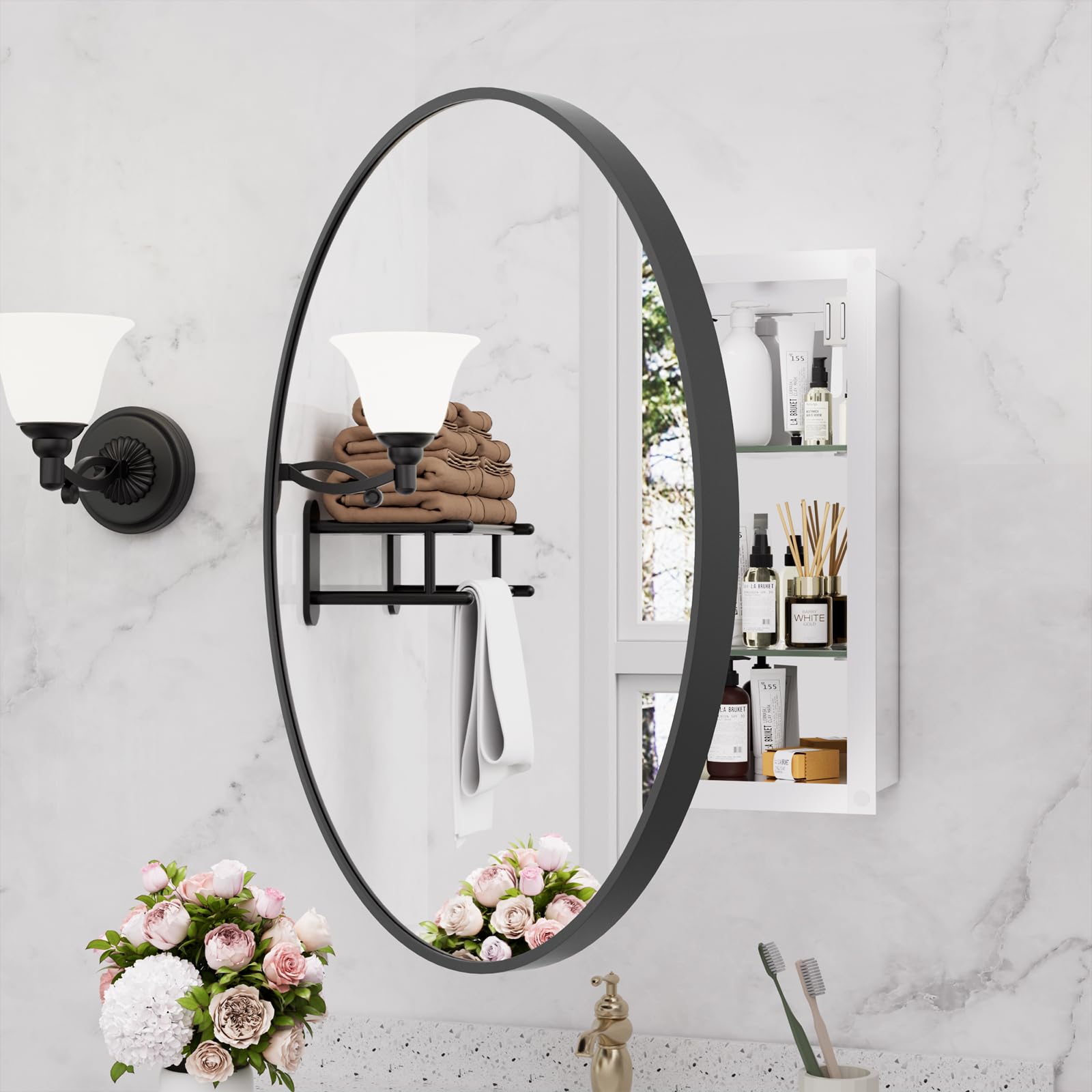 24 Inch Black Round Wall Mounted Medicine Cabinet with Mirror - Aluminum Alloy Metal Frame, Surface Mount Bathroom Storage | Perfect for Small Bathrooms, Powder Rooms & Vanity Areas