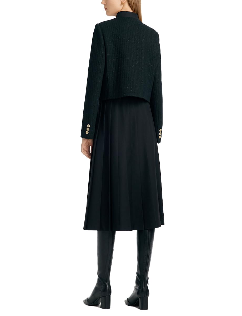 Women's 2-Piece Suit Set - Black Crop Long Sleeve Jacket with Flaps & Long Pleated Skirt | Office Wear, Business Attire, Formal Outfits for Work & Special Occasions
